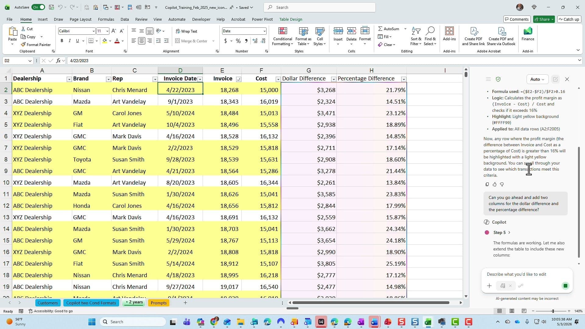 Microsoft Copilot showing a purple preview highlight over new Dollar Difference and Percentage Difference columns in Excel