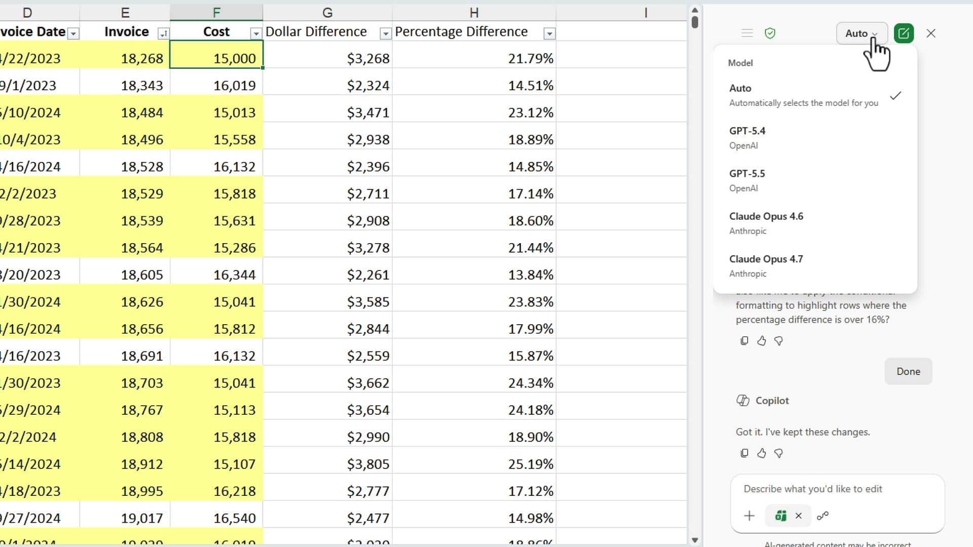 Microsoft Copilot model selector in Excel showing Auto, GPT-5.4, GPT-5.5, Claude Opus 4.6, and Claude Opus 4.7 options