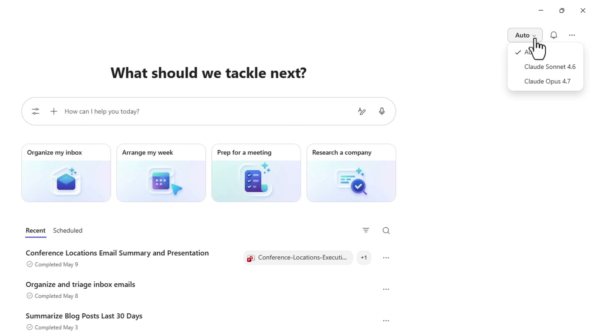 Auto dropdown open in Microsoft Copilot Cowork showing Auto, Claude Sonnet 4.6, and Claude Opus 4.7 as model choices