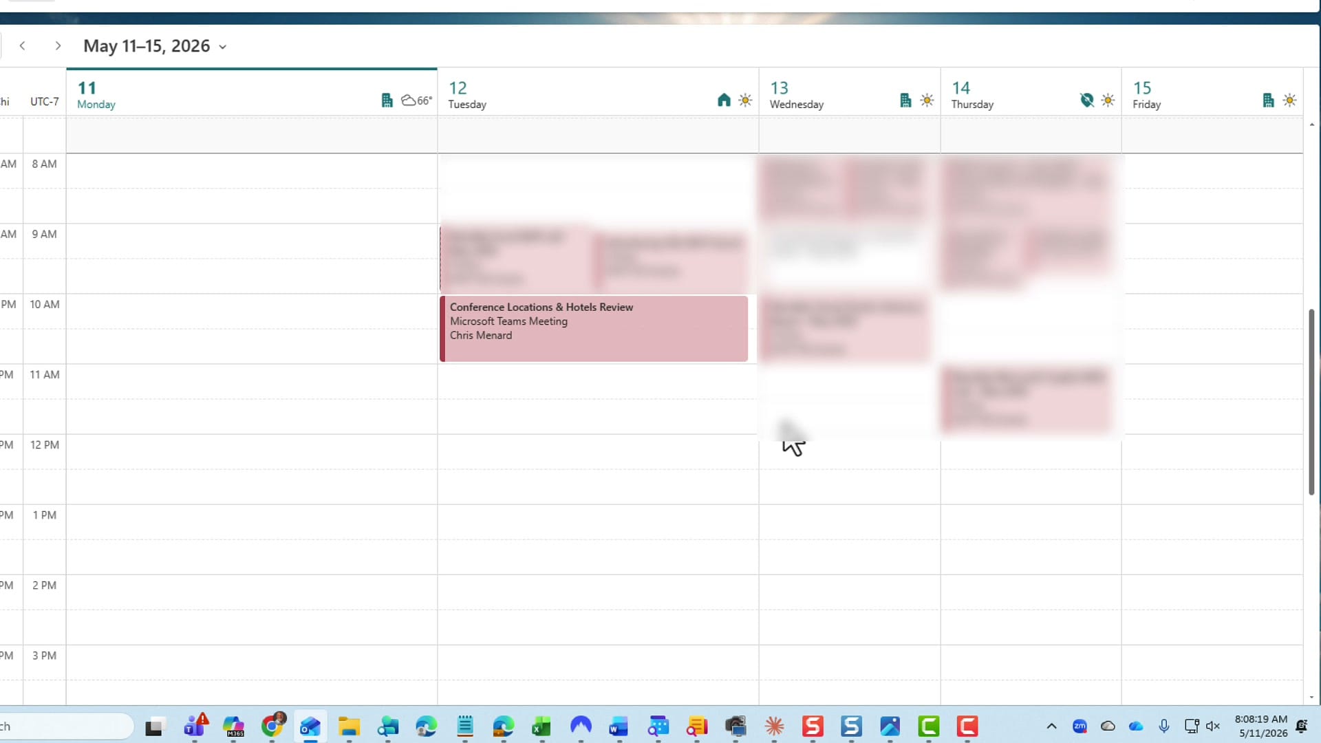 Outlook calendar week view showing a one-hour Conference Locations and Hotels Review Microsoft Teams Meeting on Tuesday May 12 at 10 AM with other entries blurred