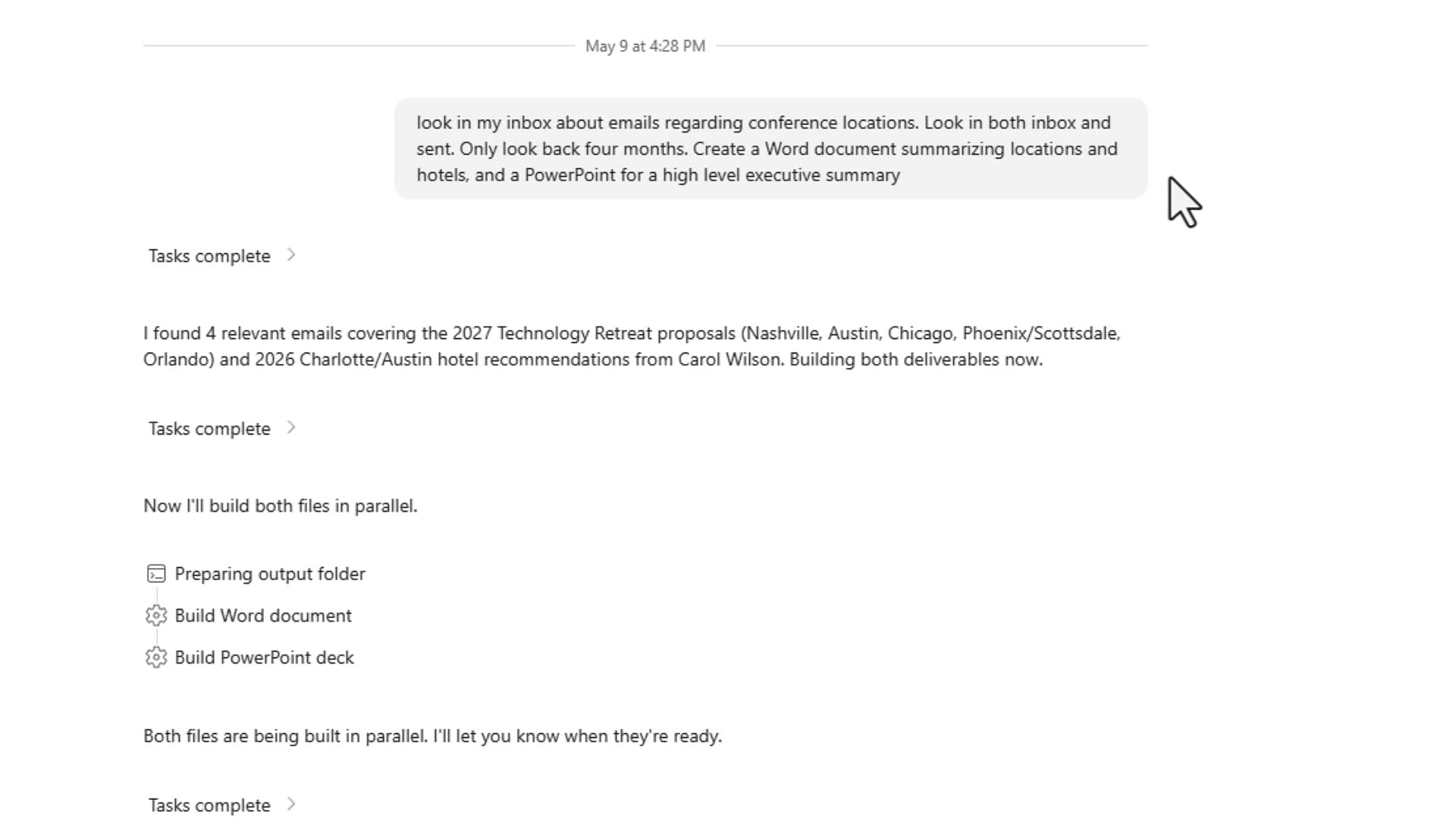 Outlook search results for subject conference showing five email threads from the last four months including Conference Locations and Hotels Summary and Conference Information for 2027 retreat