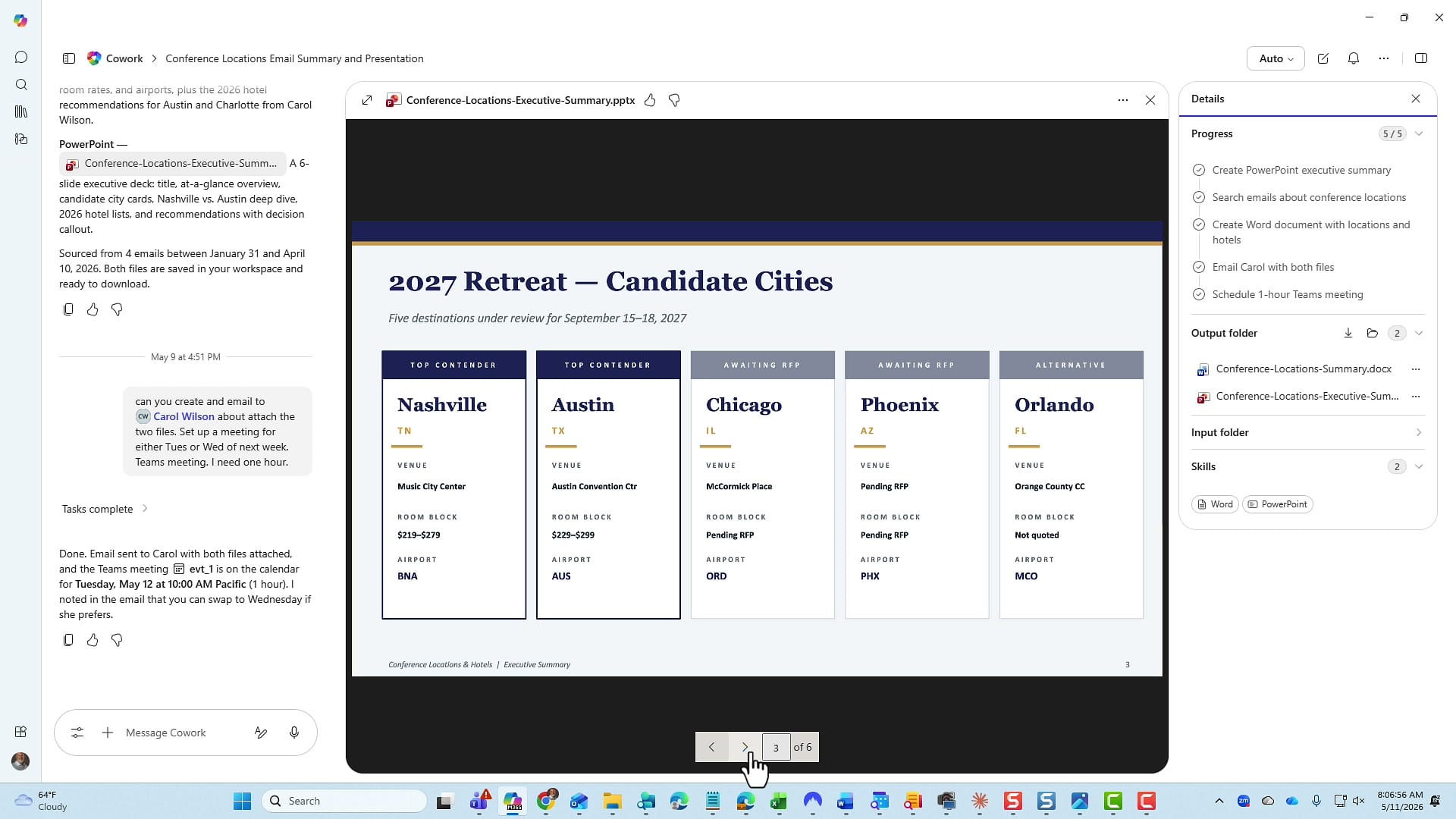 PowerPoint slide titled 2027 Retreat — Candidate Cities showing five city cards — Nashville, Austin, Chicago, Phoenix, Orlando — each tagged Top Contender, Awaiting RFP, or Alternative with venue, room block, and airport details