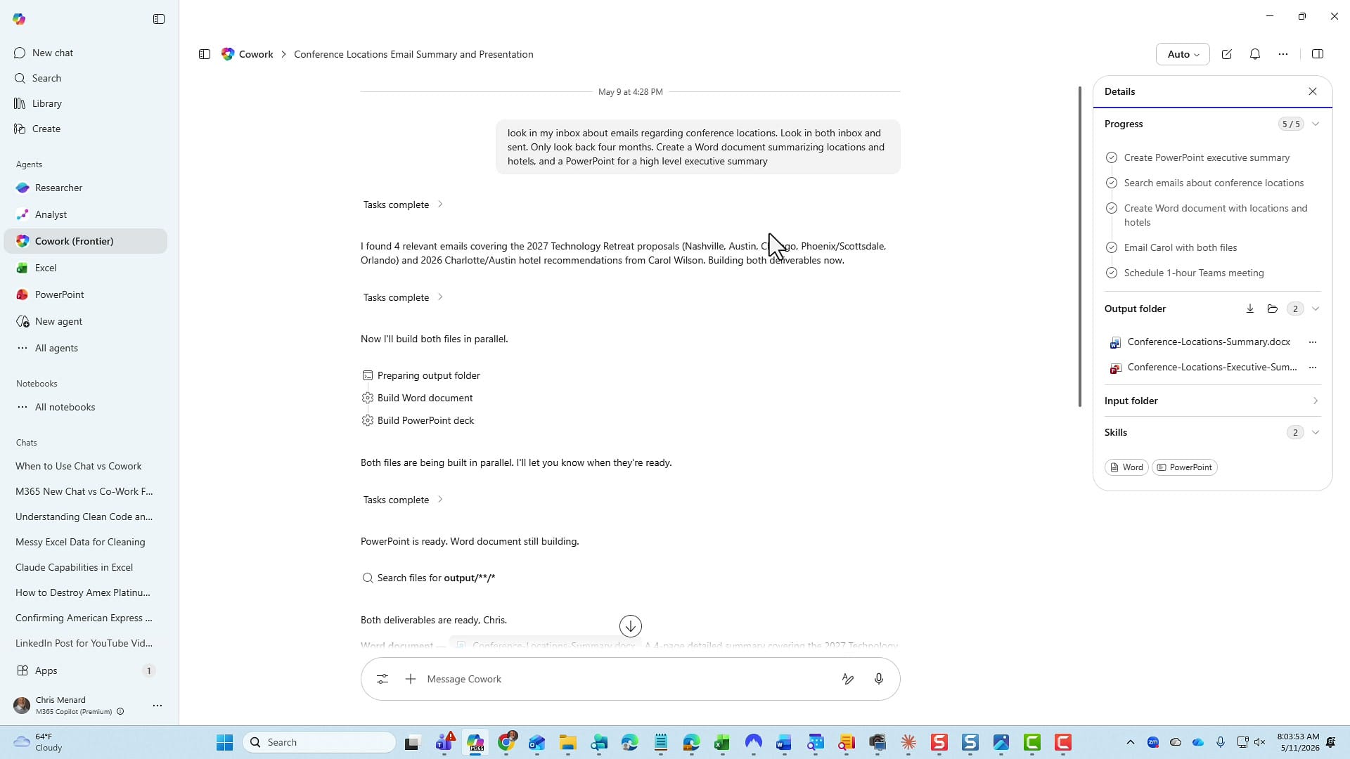 Cowork session view showing the prompt at the top, Tasks complete steps, a Progress panel on the right with five of five steps checked, an Output folder with the Word and PowerPoint files, and the Word and PowerPoint skill chips