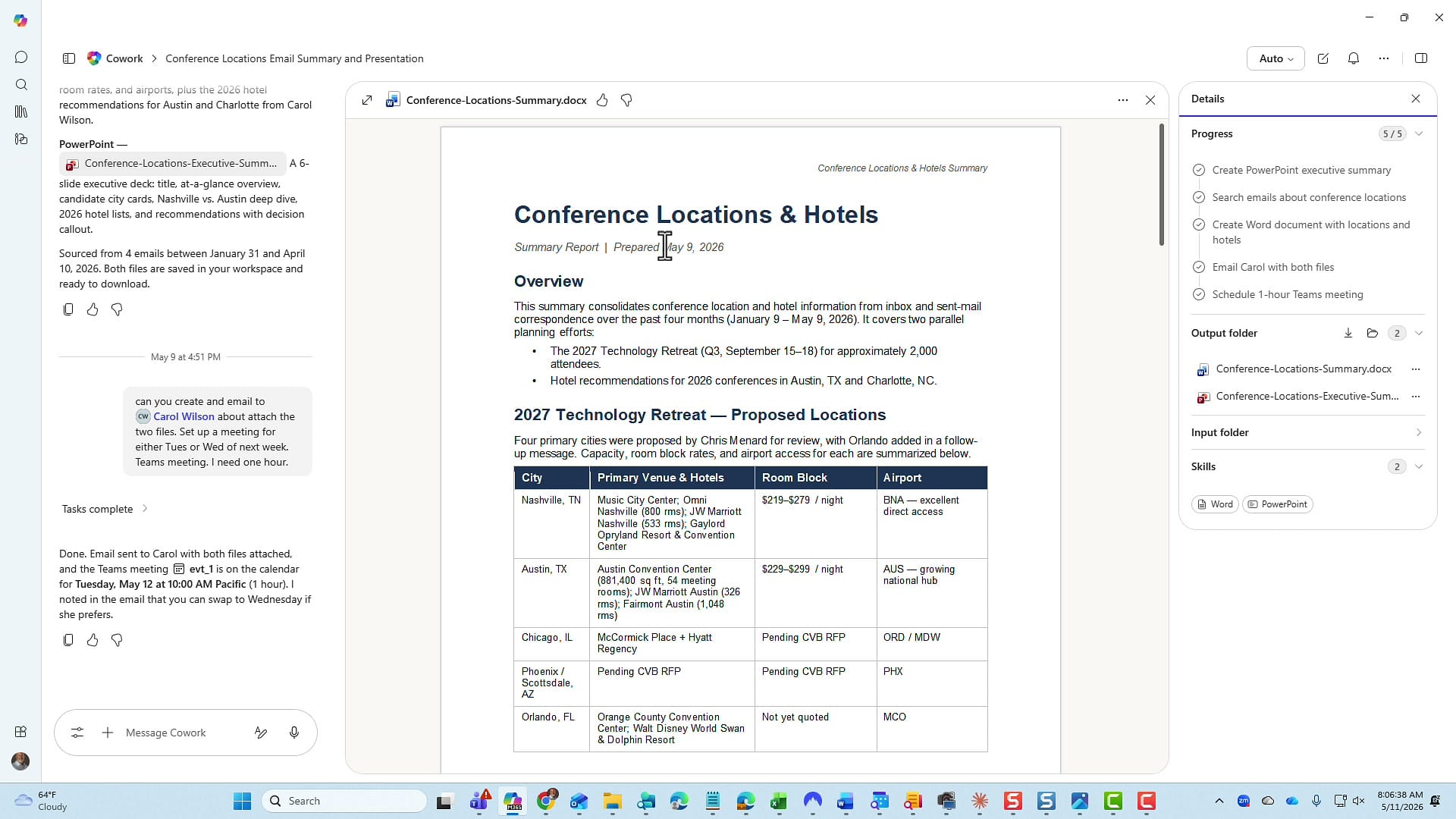 Word document titled Conference Locations and Hotels with an Overview section and a table listing five candidate cities — Nashville, Austin, Chicago, Phoenix/Scottsdale, Orlando — with primary venues, room blocks, and airports