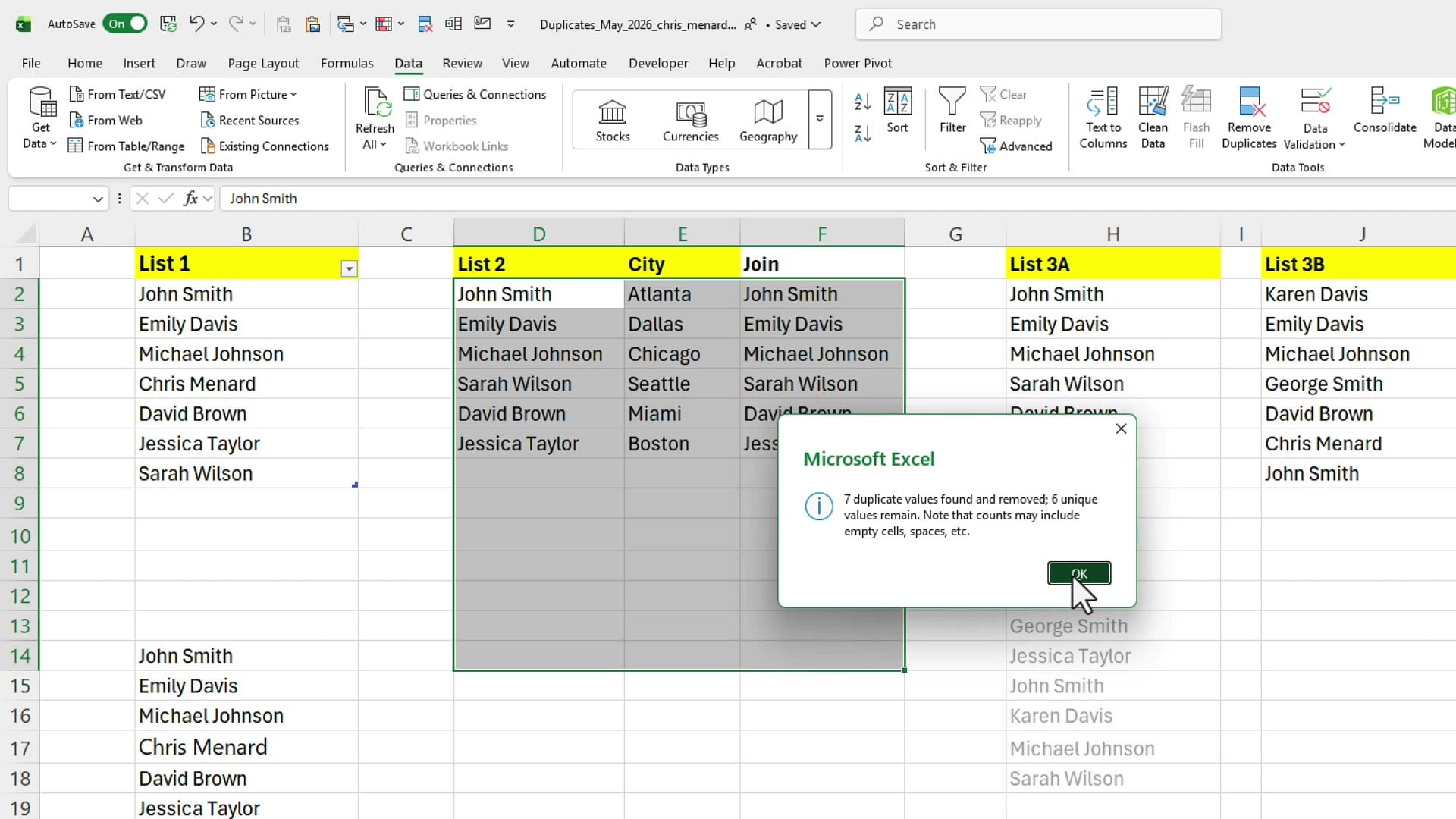 Excel dialog showing 7 duplicate values found and removed, 6 unique values remain