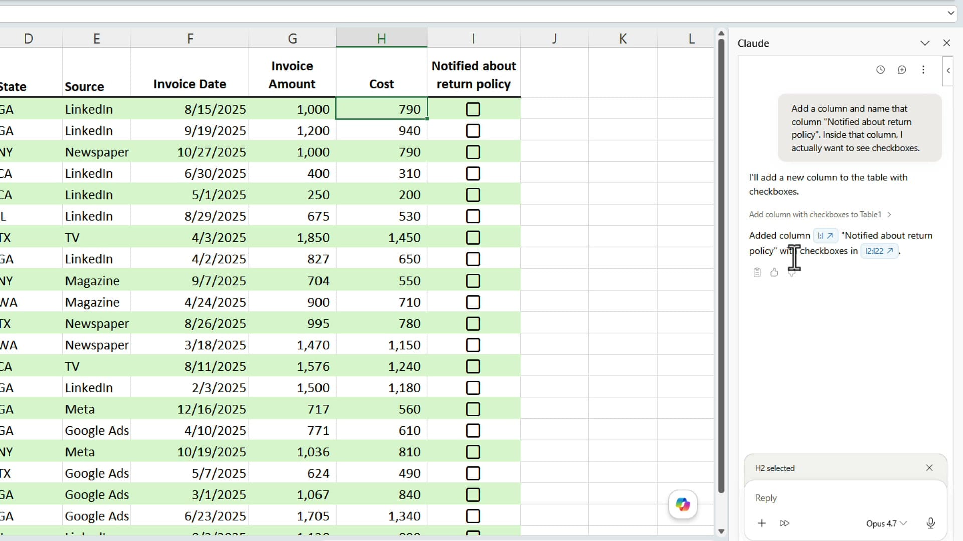 Excel column I now shows Notified about return policy heading with native checkboxes in every row generated by Claude
