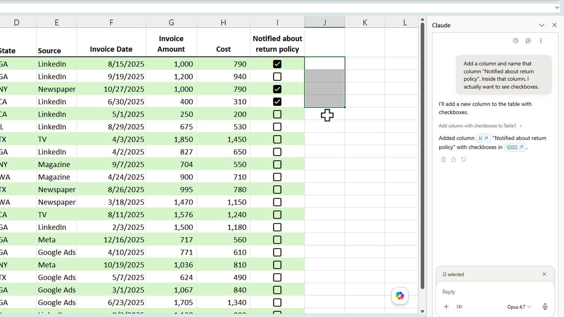 Several checkboxes ticked in column I, showing they behave like normal Excel checkboxes