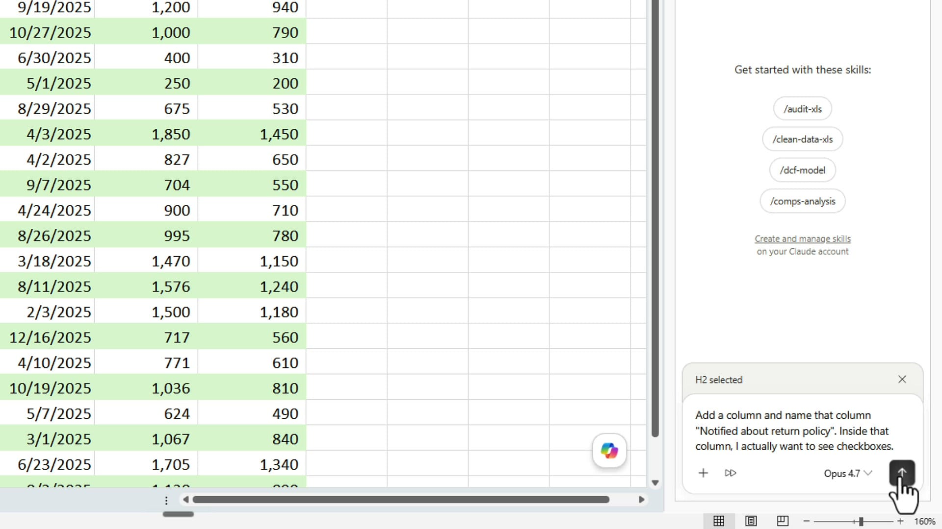 Claude task pane in Excel with prompt typed asking to add a column named Notified about return policy with checkboxes inside