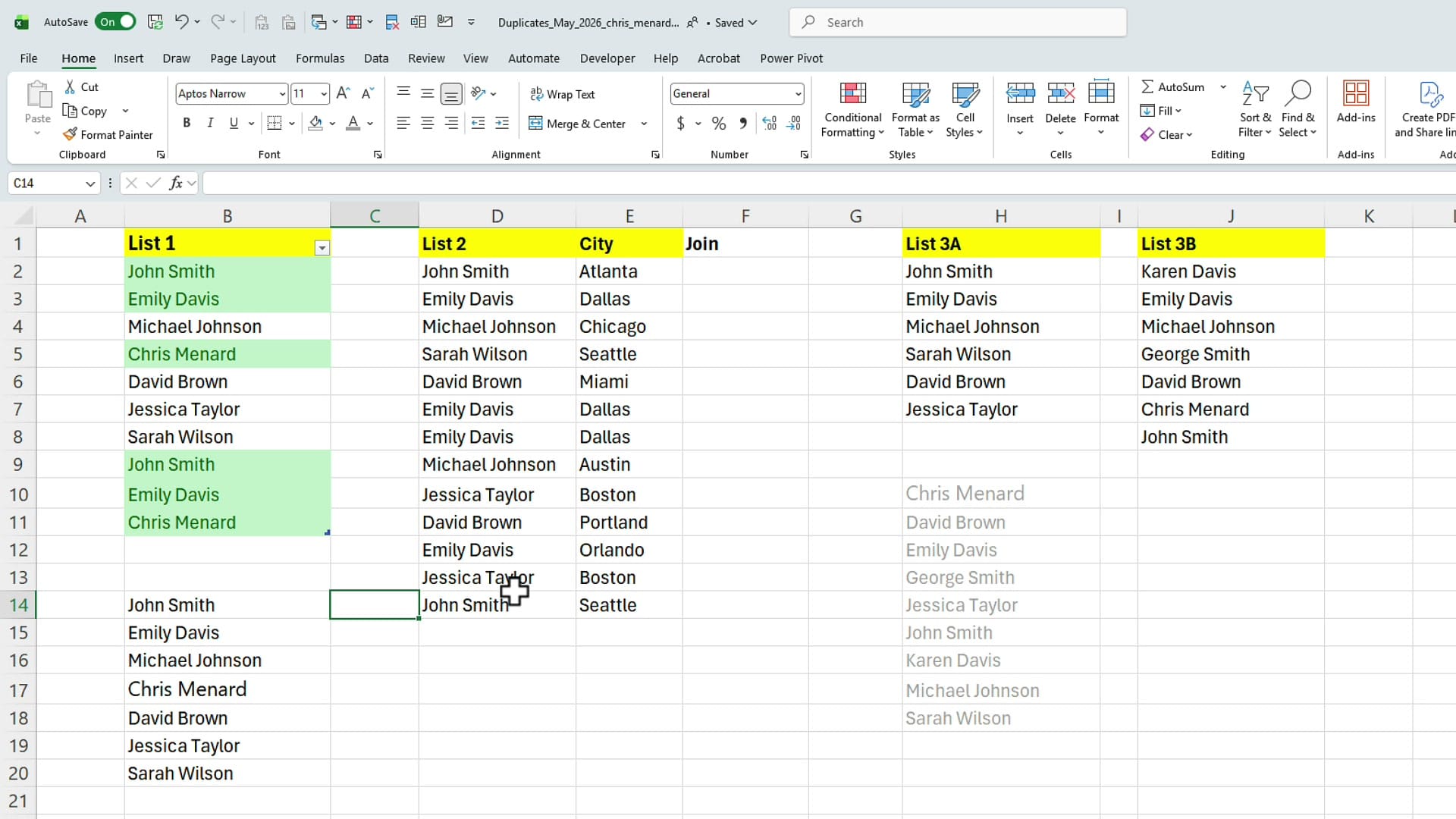 List 1 duplicates highlighted with green conditional formatting