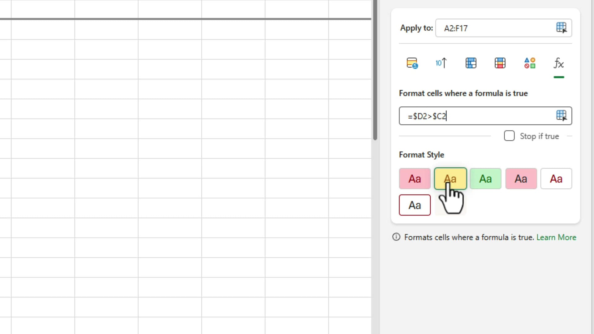 Excel conditional formatting rule with formula equals dollar D2 greater than dollar C2 and yellow format style selected