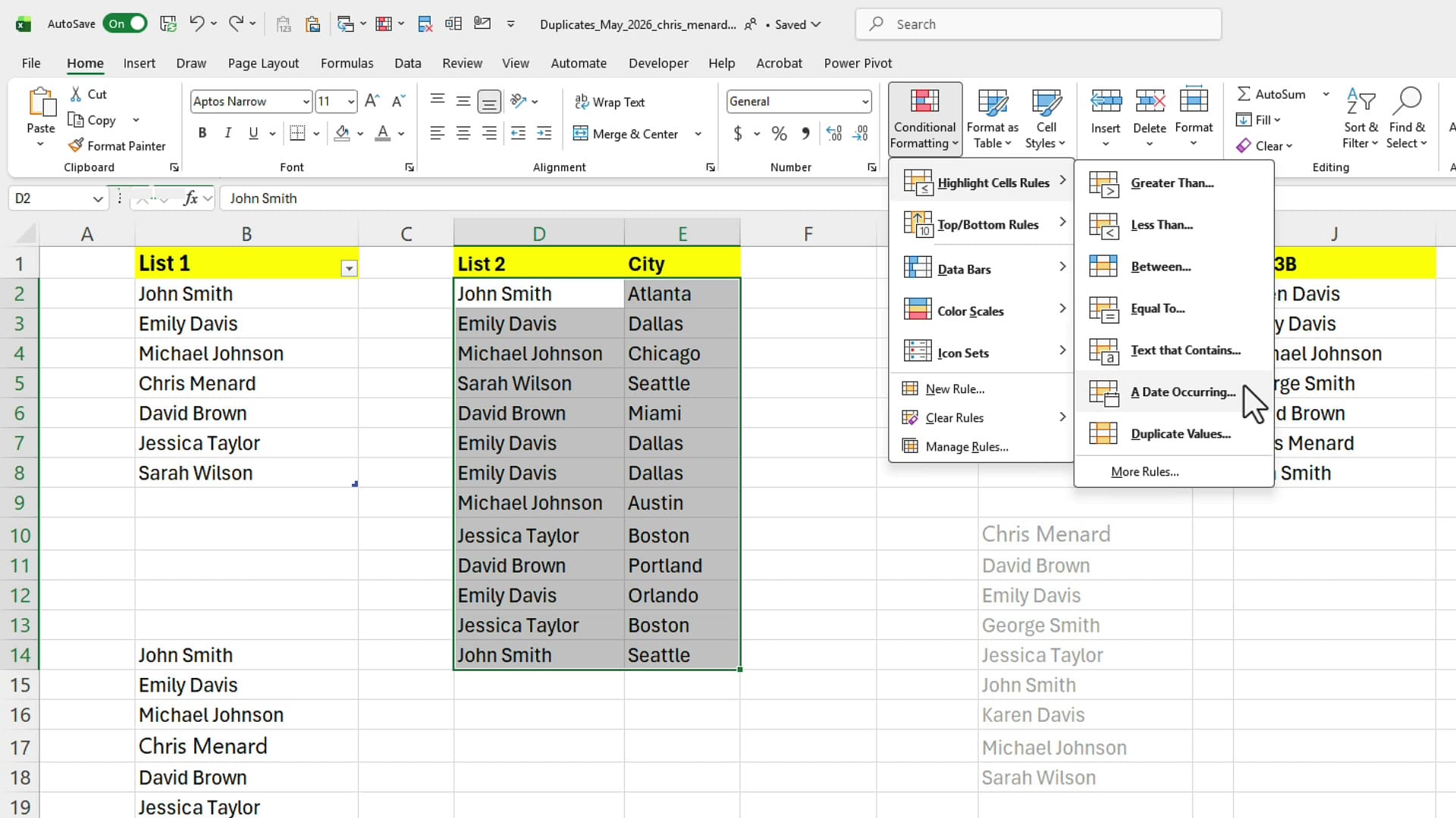 Excel Home tab Conditional Formatting menu showing Highlight Cells Rules and Duplicate Values