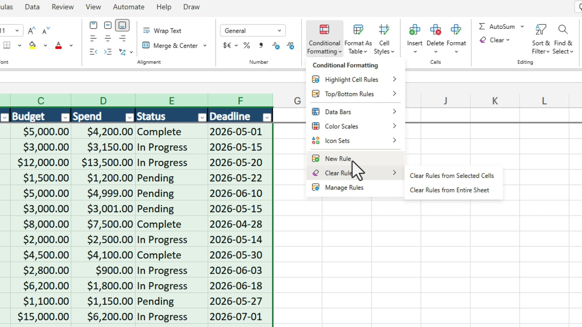 Conditional Formatting menu open on the Home tab in Excel for the web with New Rule option visible