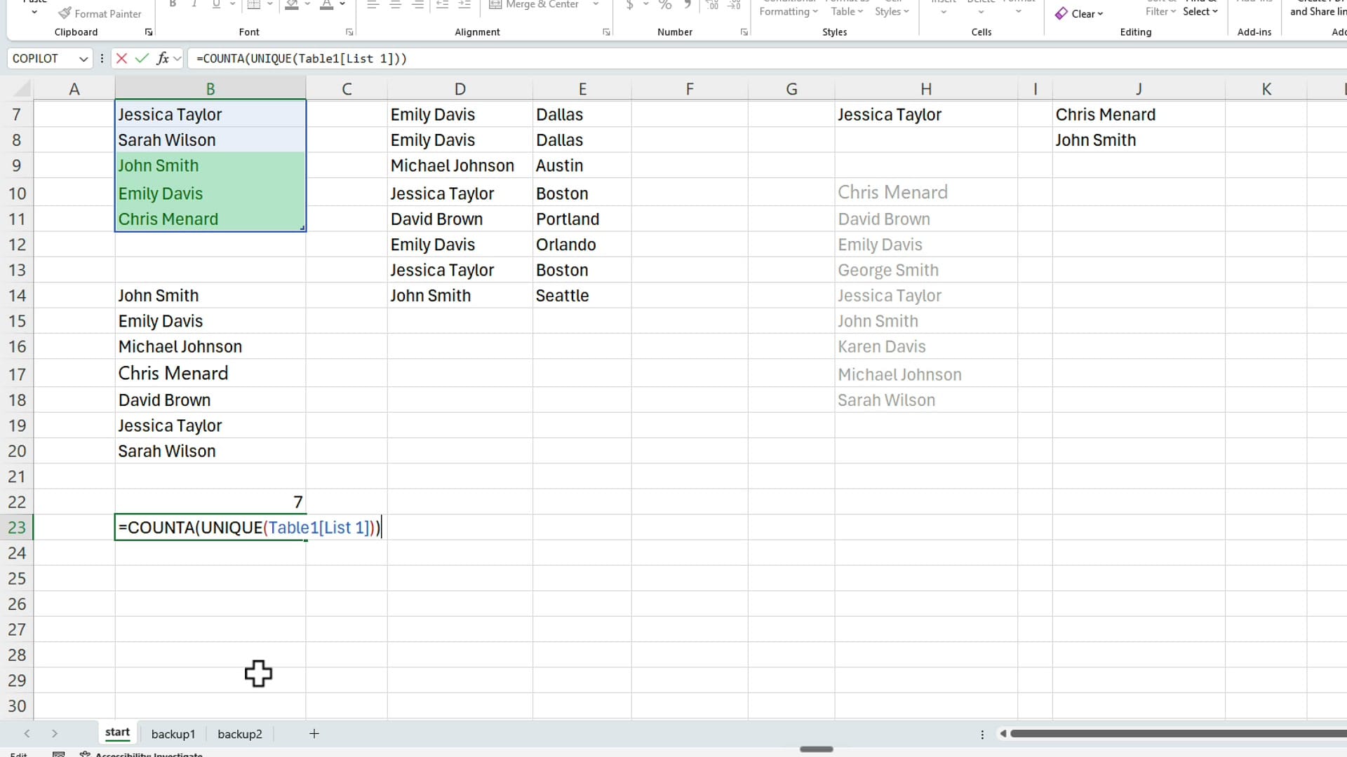 COUNTA UNIQUE formula counting distinct names in List 1