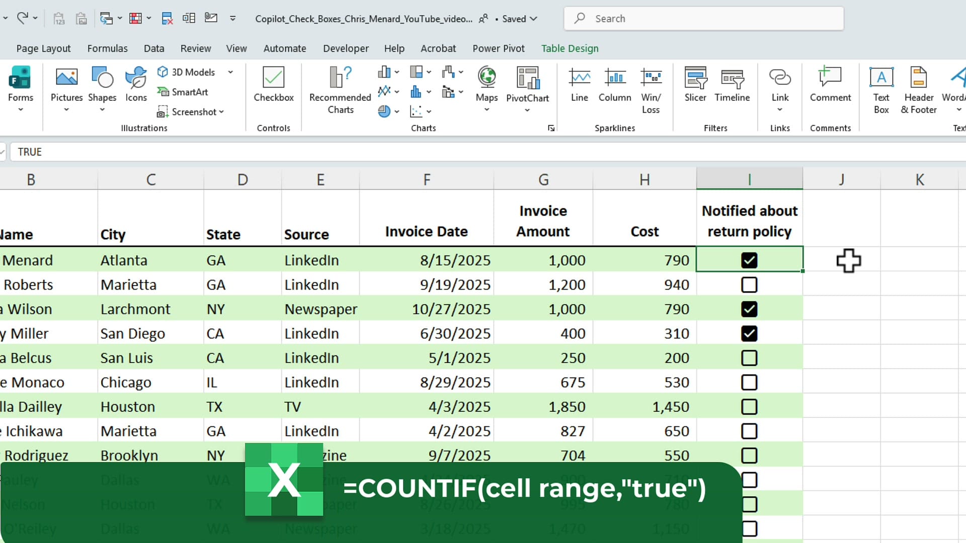 Excel screen with overlay showing the COUNTIF formula equals COUNTIF cell range comma true