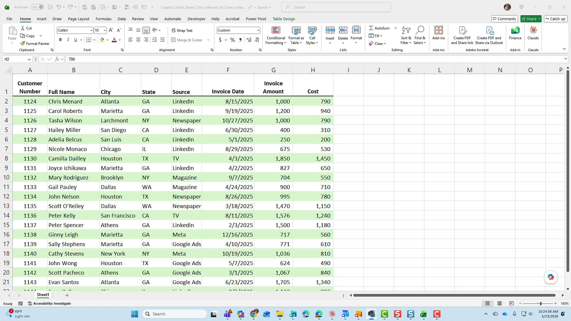 Excel spreadsheet of fictitious customers with columns through Cost — no checkbox column yet, column I empty