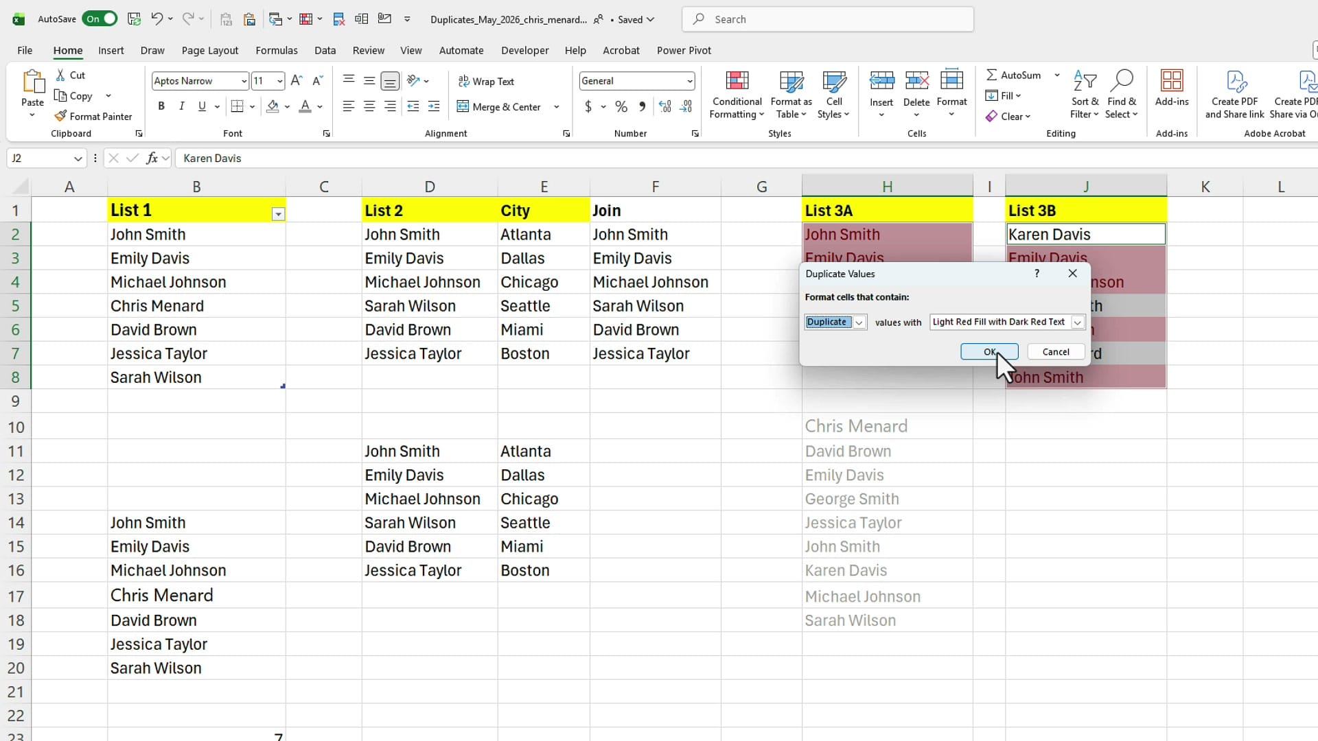 Excel Duplicate Values dialog highlighting names appearing in both List 3A and List 3B