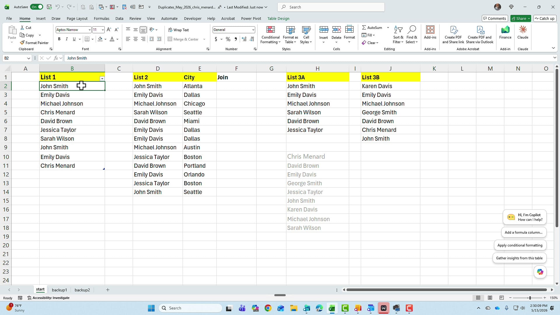 Three Excel lists used in the duplicates tutorial