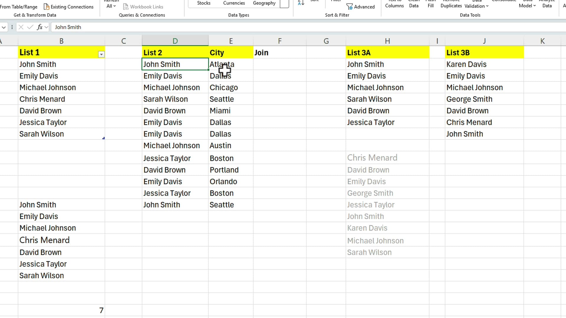 Excel list of names and cities with no unique identifier column
