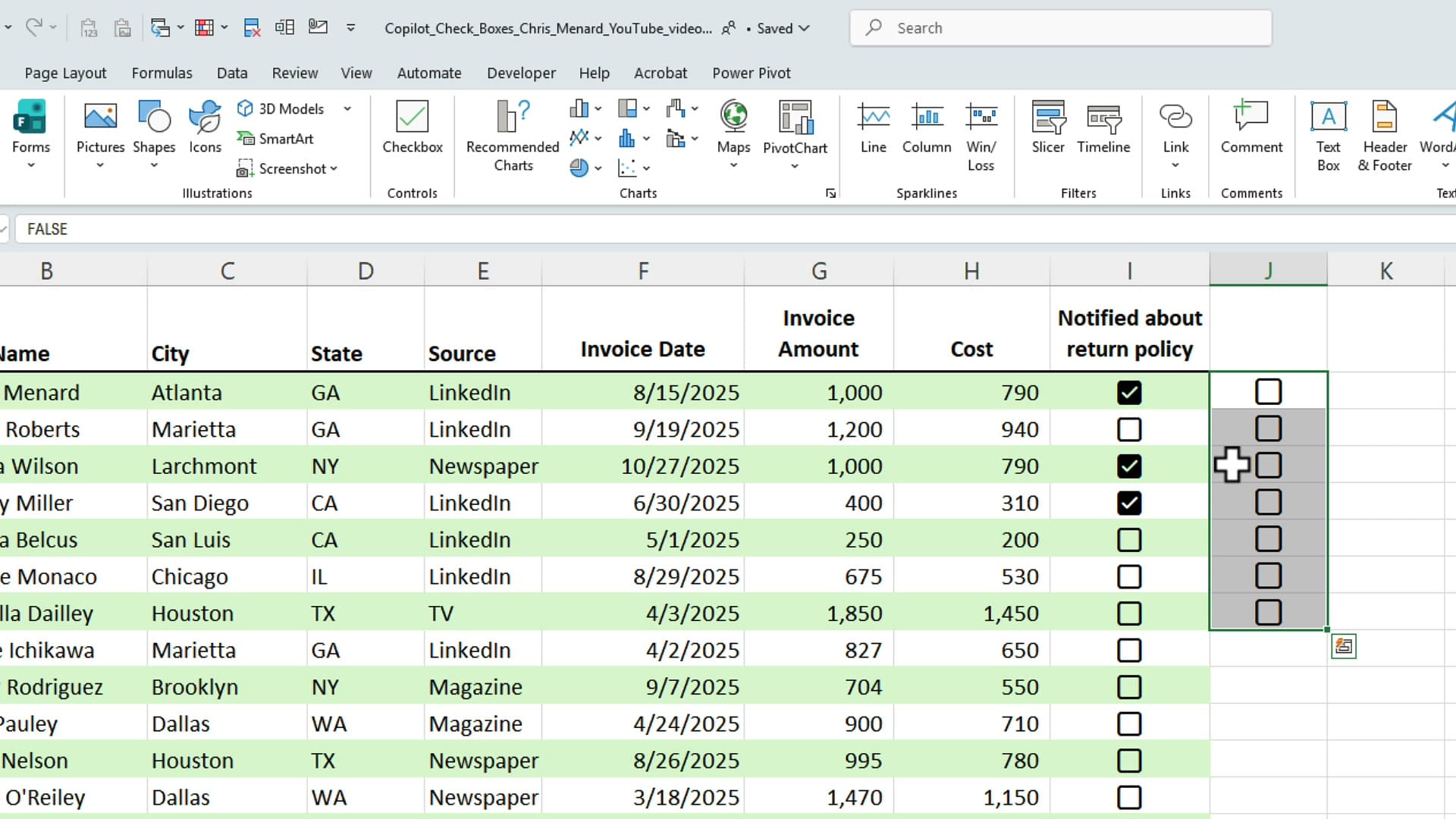 Excel Insert tab open with the Checkbox button highlighted in the Controls group