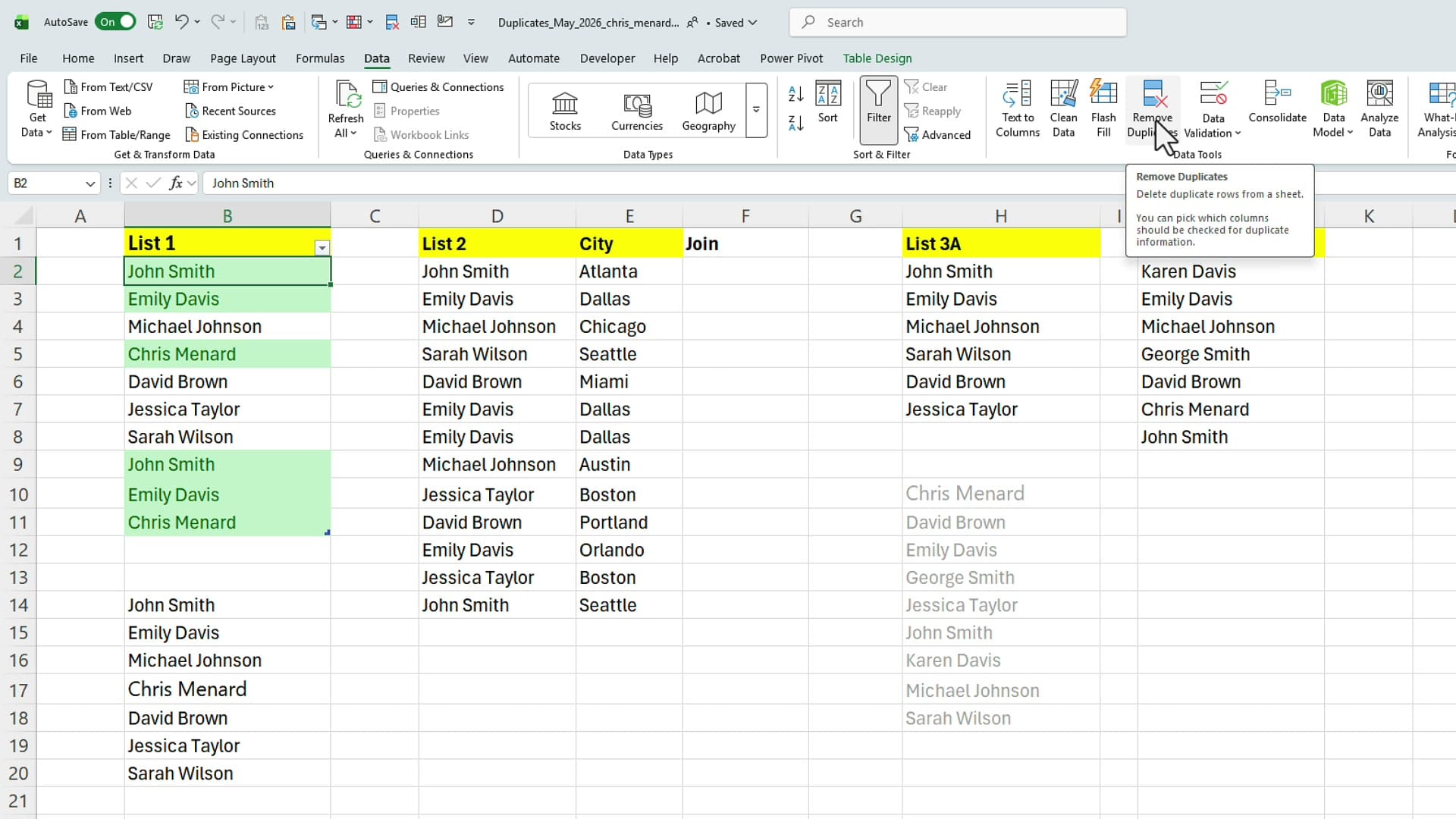 Remove Duplicates button on the Data tab with tooltip