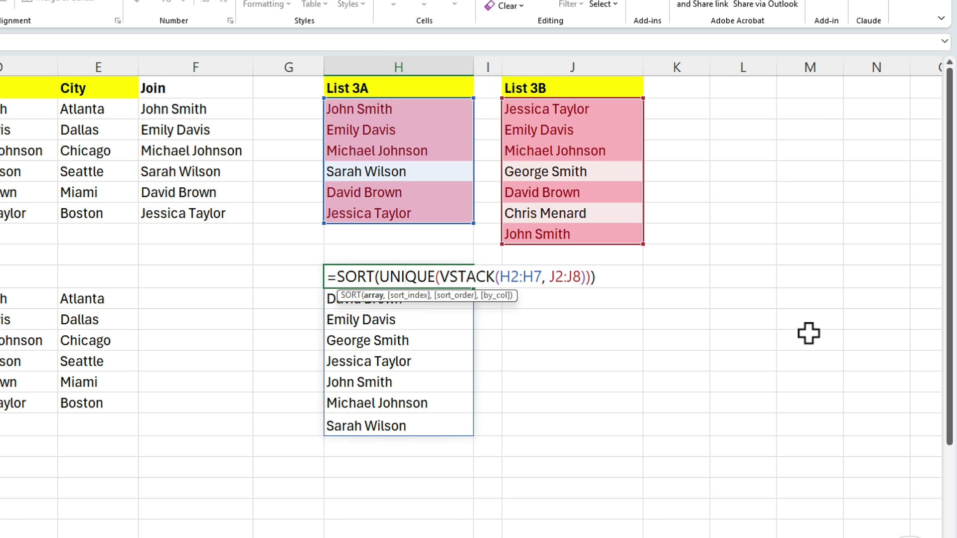 Excel SORT UNIQUE VSTACK formula stacking two lists into a single sorted unique list