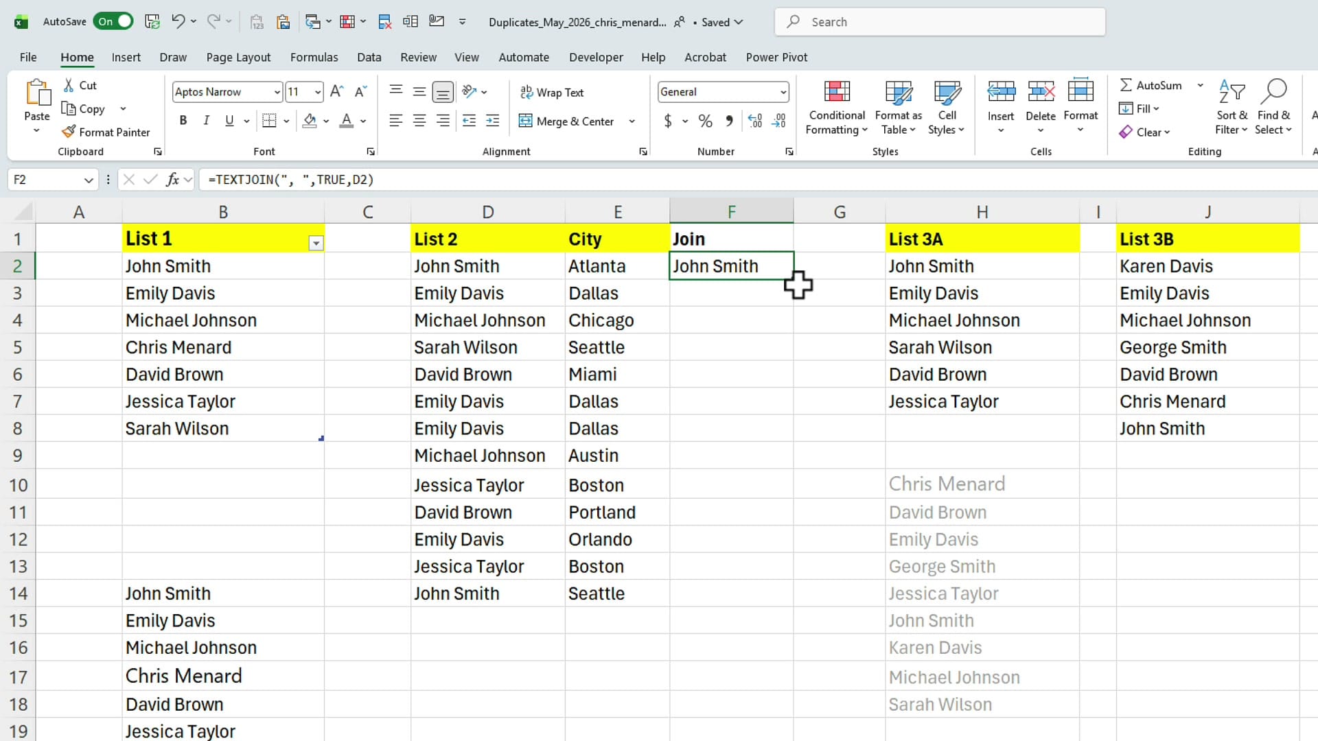 Excel TEXTJOIN formula creating a helper column combining name and city