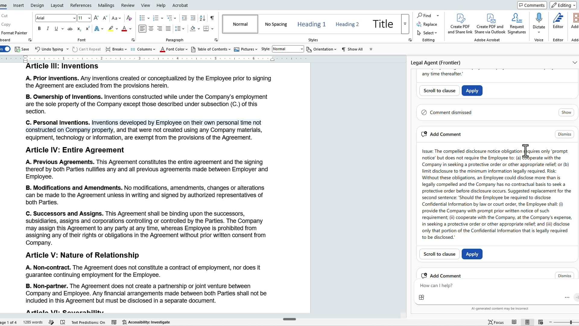 Legal Agent panel showing two suggested comments with Scroll to clause, Apply, and Dismiss buttons.