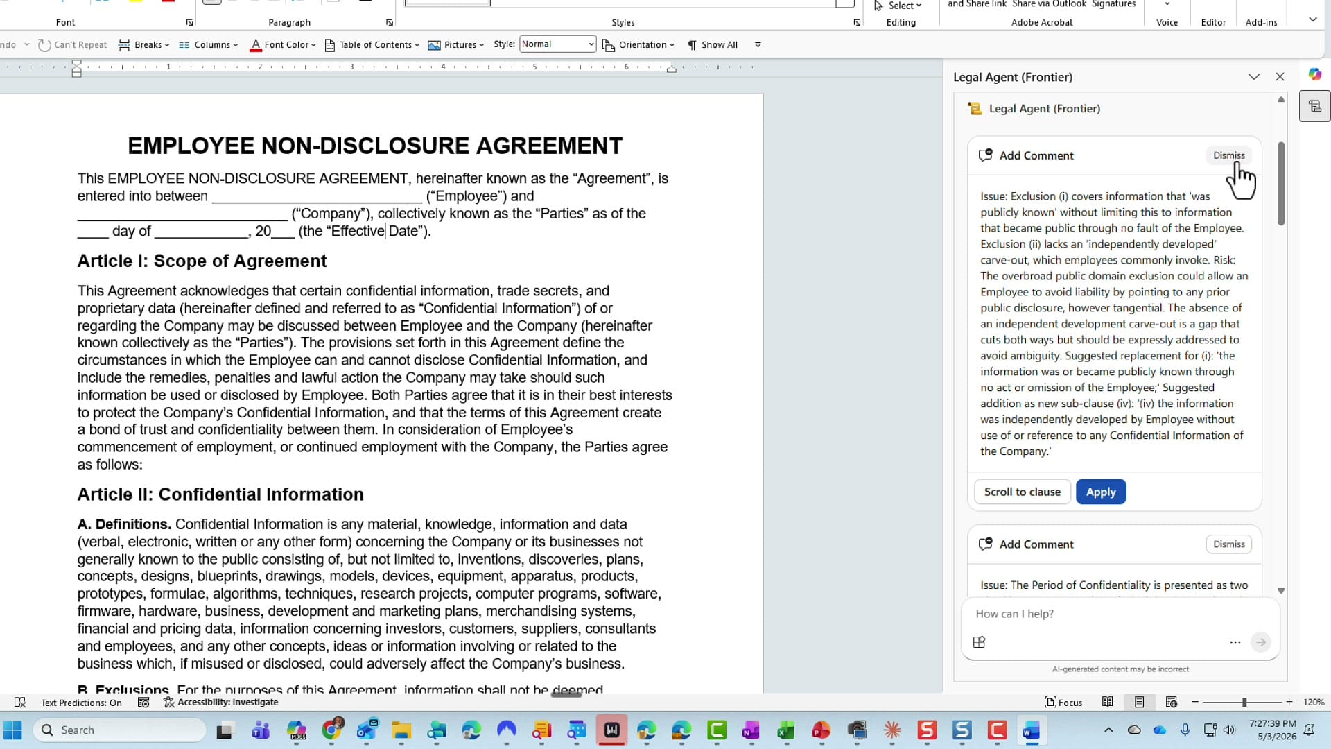 The Legal Agent panel in Word showing 