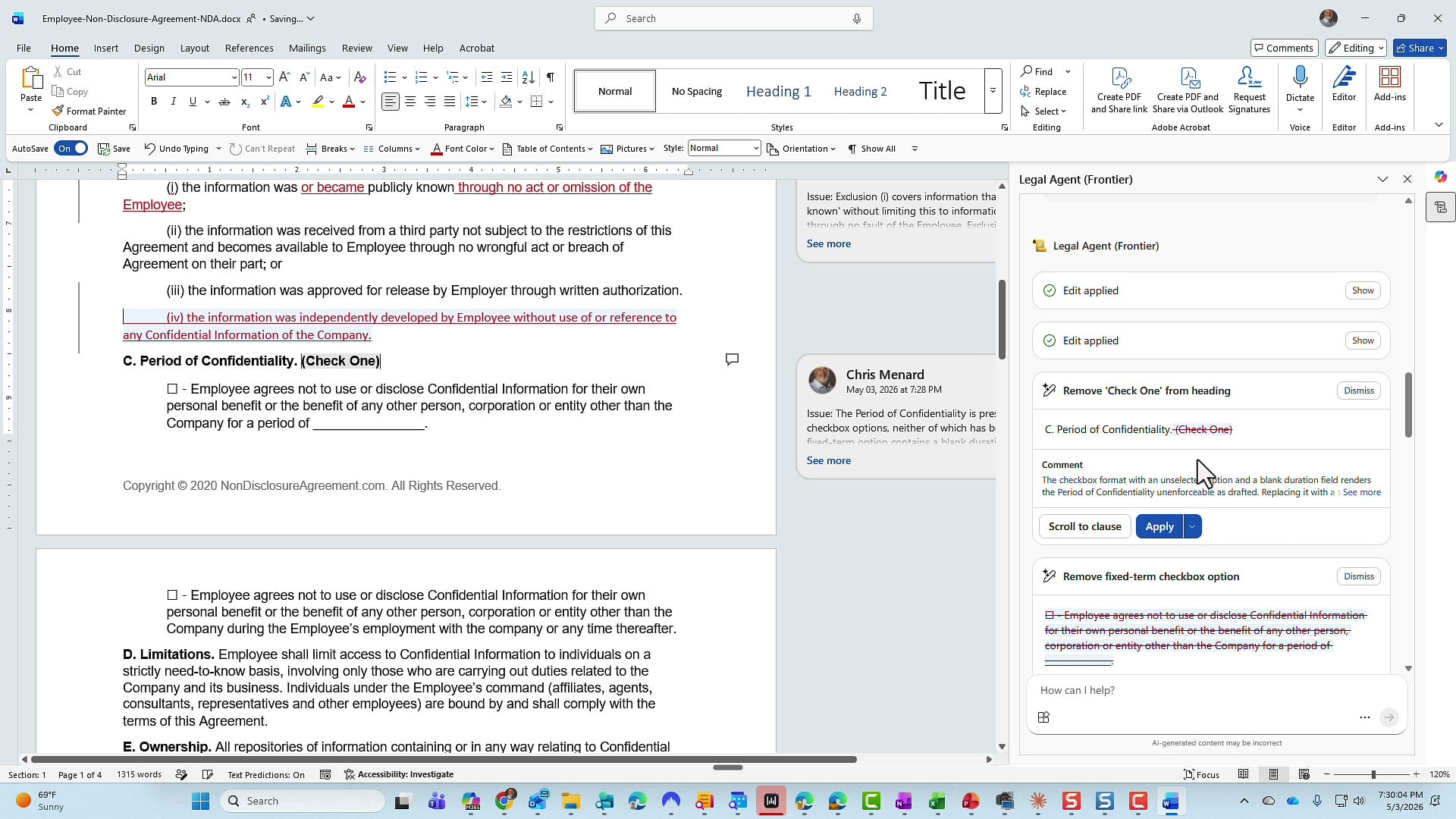 Word document showing two comments applied in the right margin with author Chris Menard, and Comment applied status in the Legal Agent panel.