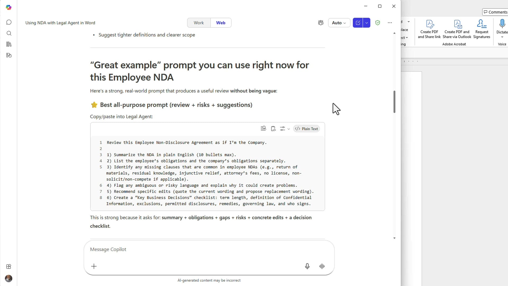 Copilot Chat showing a list of suggested NDA review prompts in the web interface.