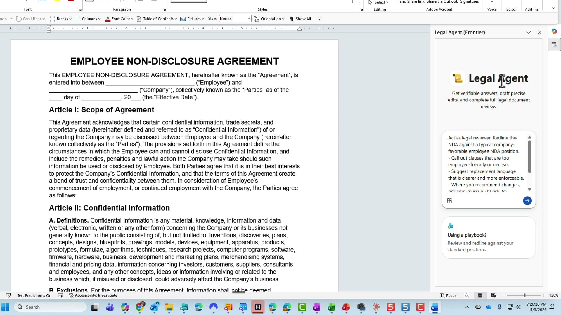 The Legal Agent (Frontier) task pane opened on the right side of Word, showing the prompt input box.