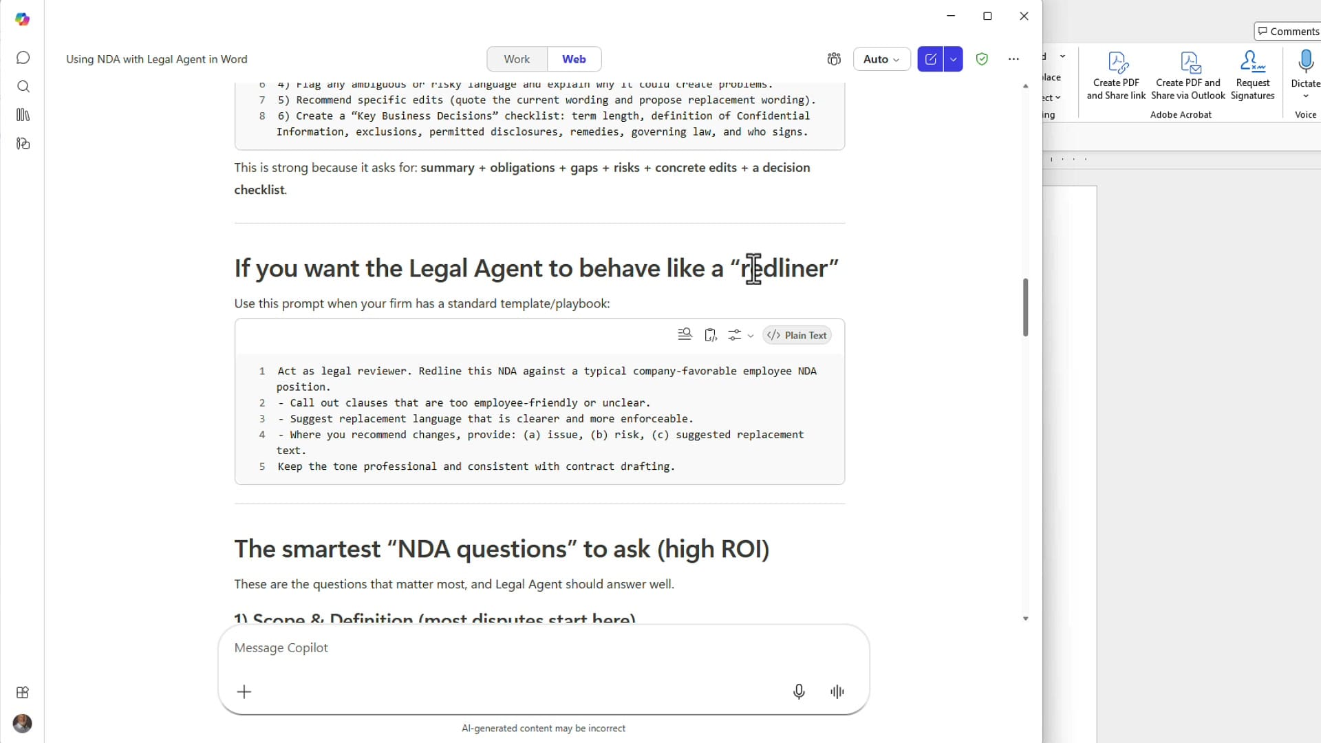 The redliner prompt suggested by Copilot Chat with a Copy button highlighted.