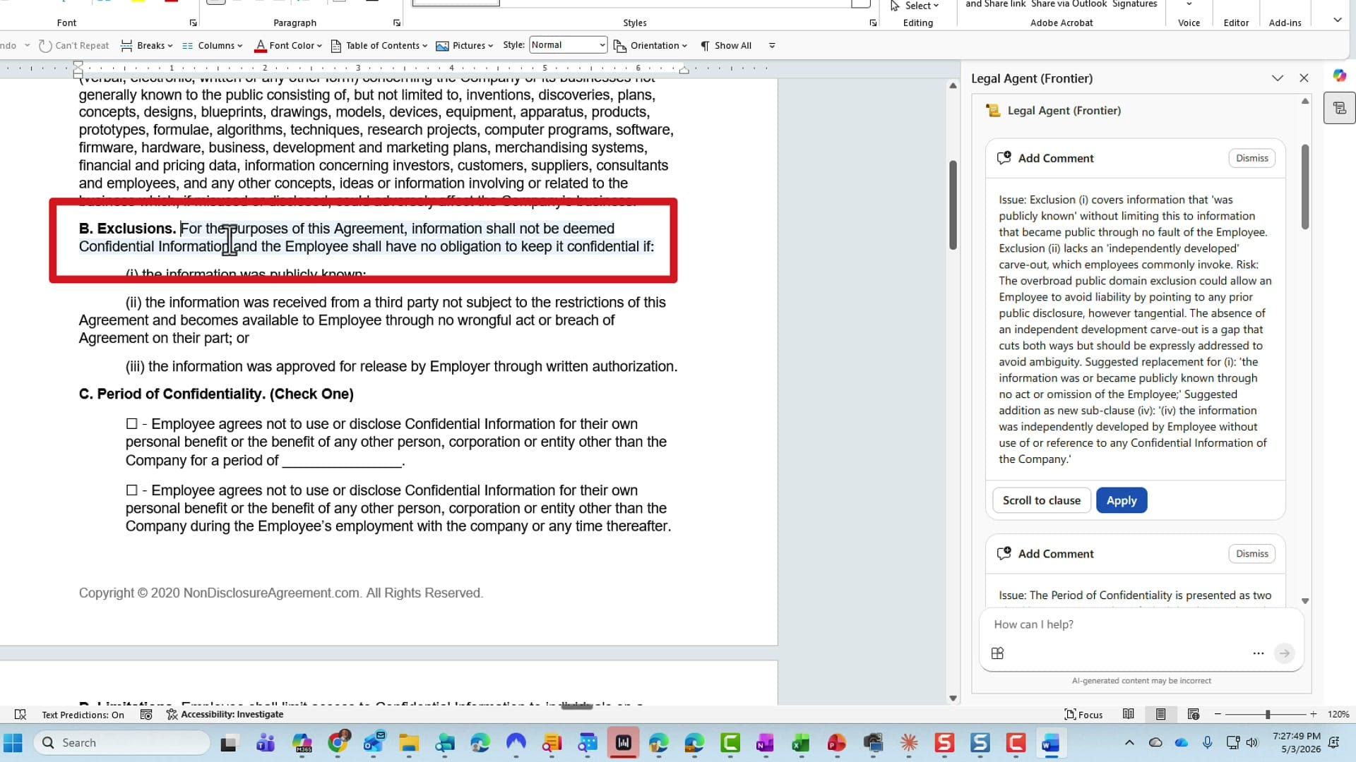Word document with Section B Exclusions highlighted by a red border, triggered by clicking Scroll to clause.