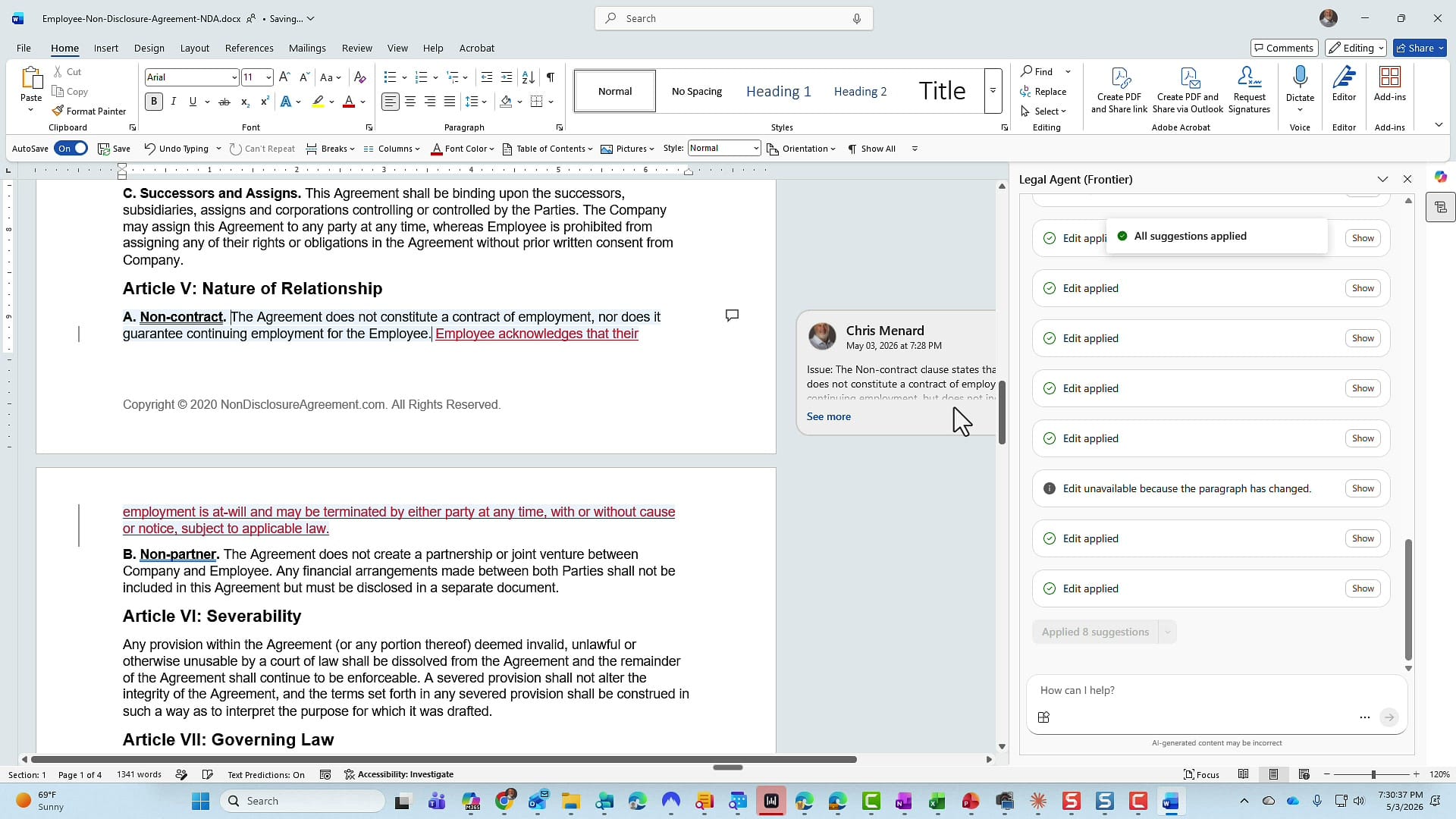 Word document showing track changes edits with strikethrough on (Check One) and inserted text in red.