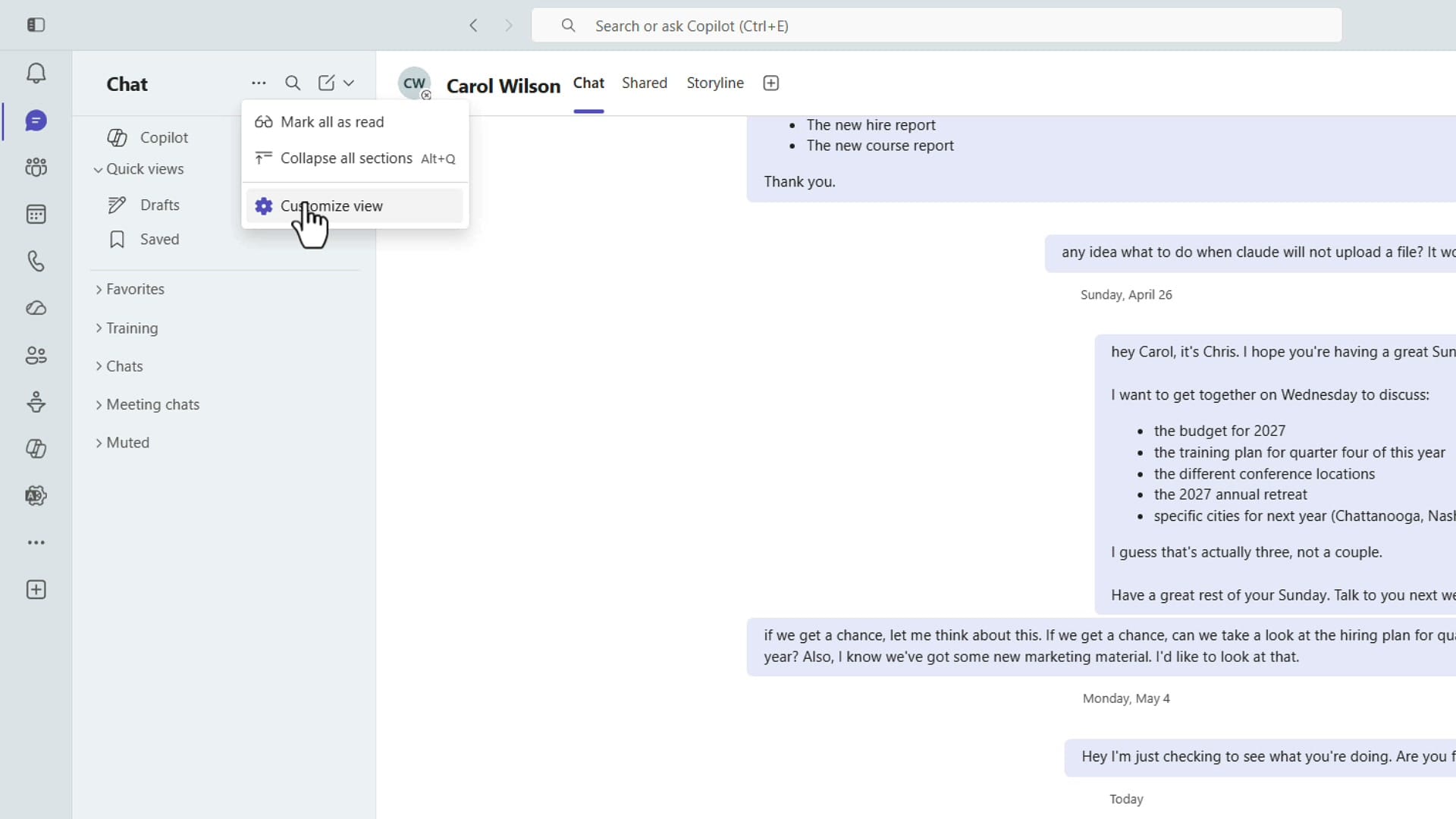 Three-dot menu open in Microsoft Teams chat list with Customize view highlighted