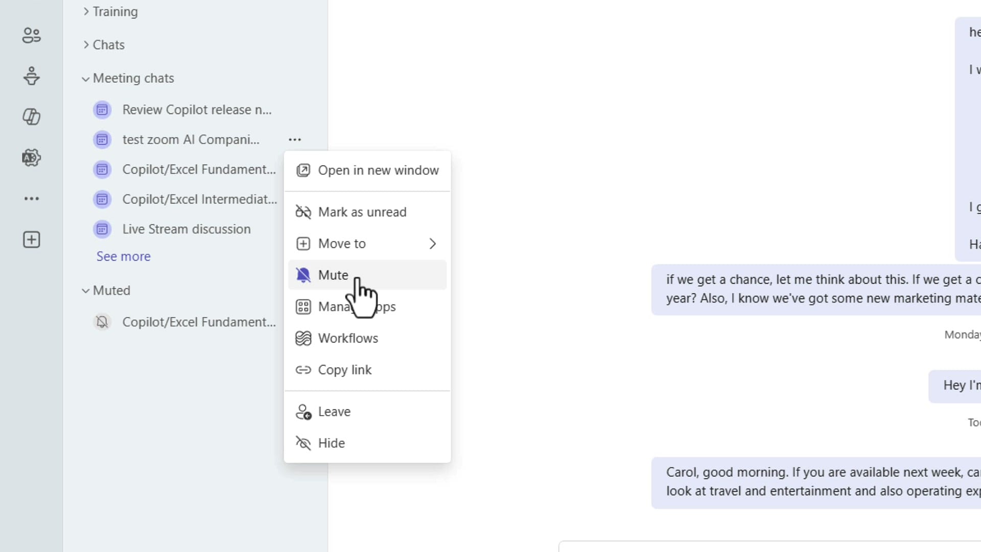 Right-click menu on a Microsoft Teams meeting chat with Mute option highlighted