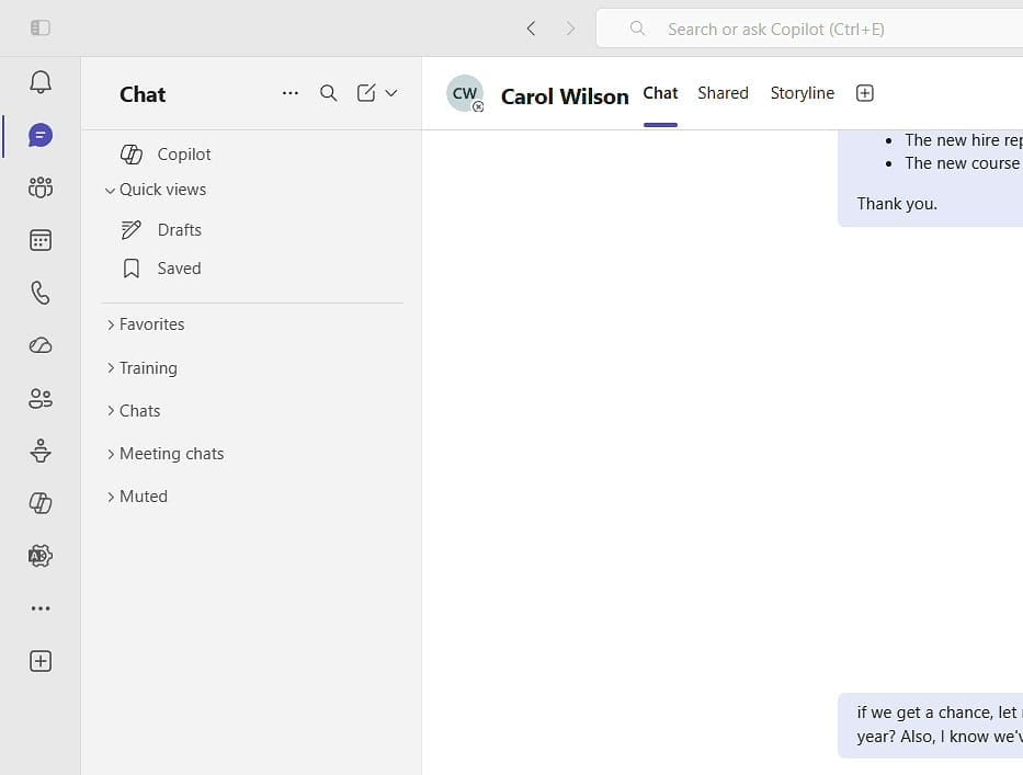 Microsoft Teams chat sidebar showing Favorites, Training, Chats, Meeting chats, and the new Muted section