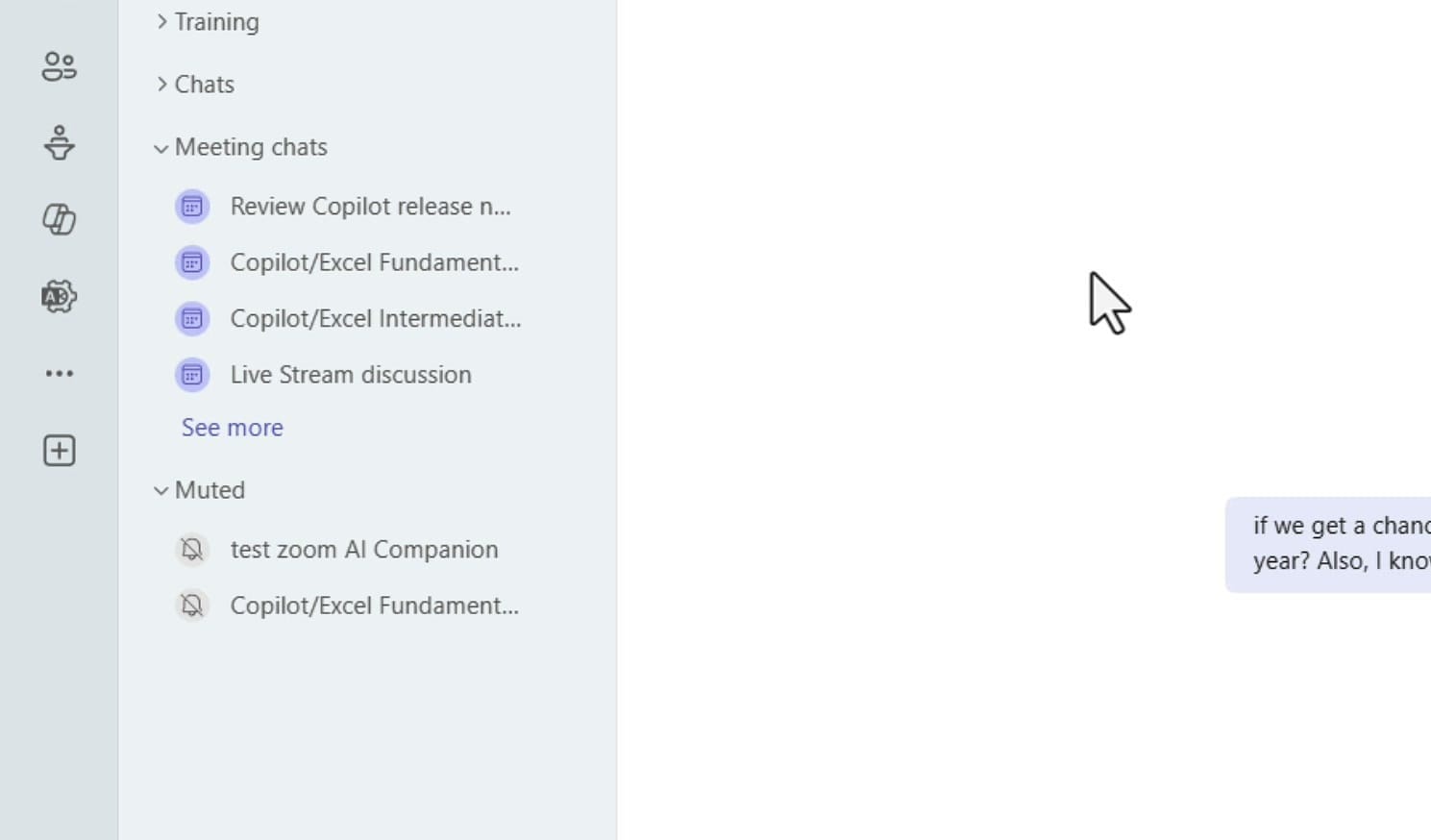 Microsoft Teams sidebar with the Muted section expanded showing test zoom AI Companion and another muted meeting chat