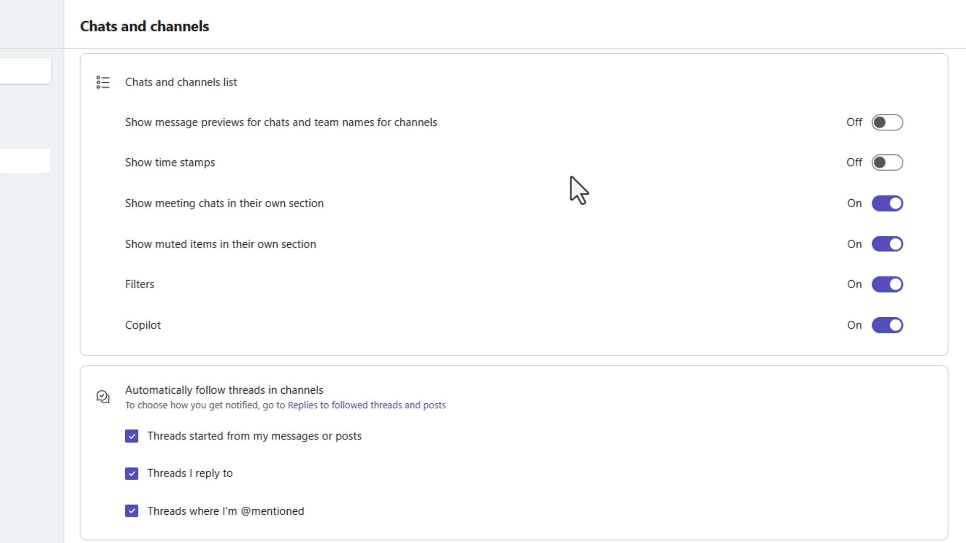 Microsoft Teams Chats and channels settings with Show muted items in their own section toggle set to On
