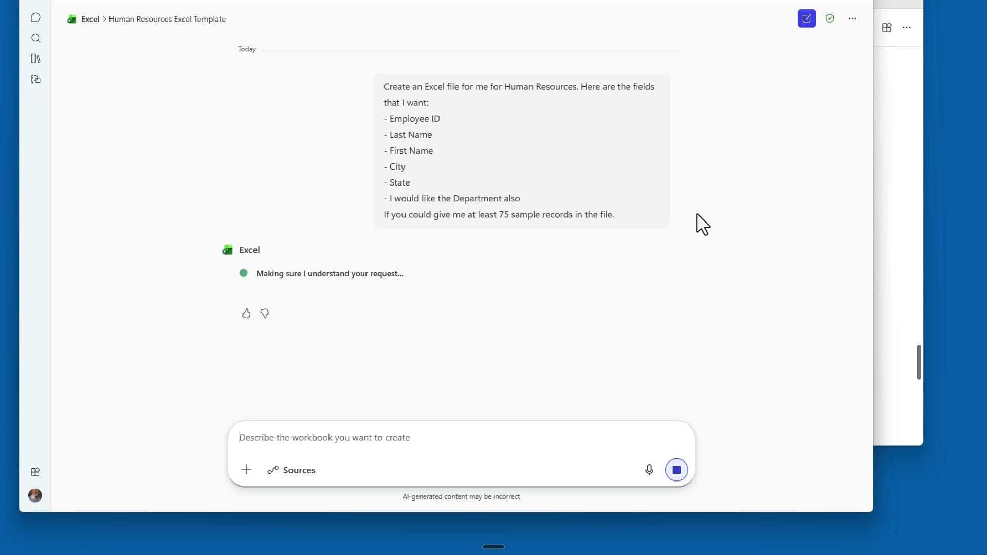 Dictated Wispr Flow prompt in Microsoft 365 Copilot asking it to create an Excel file with HR fields and 75 sample records