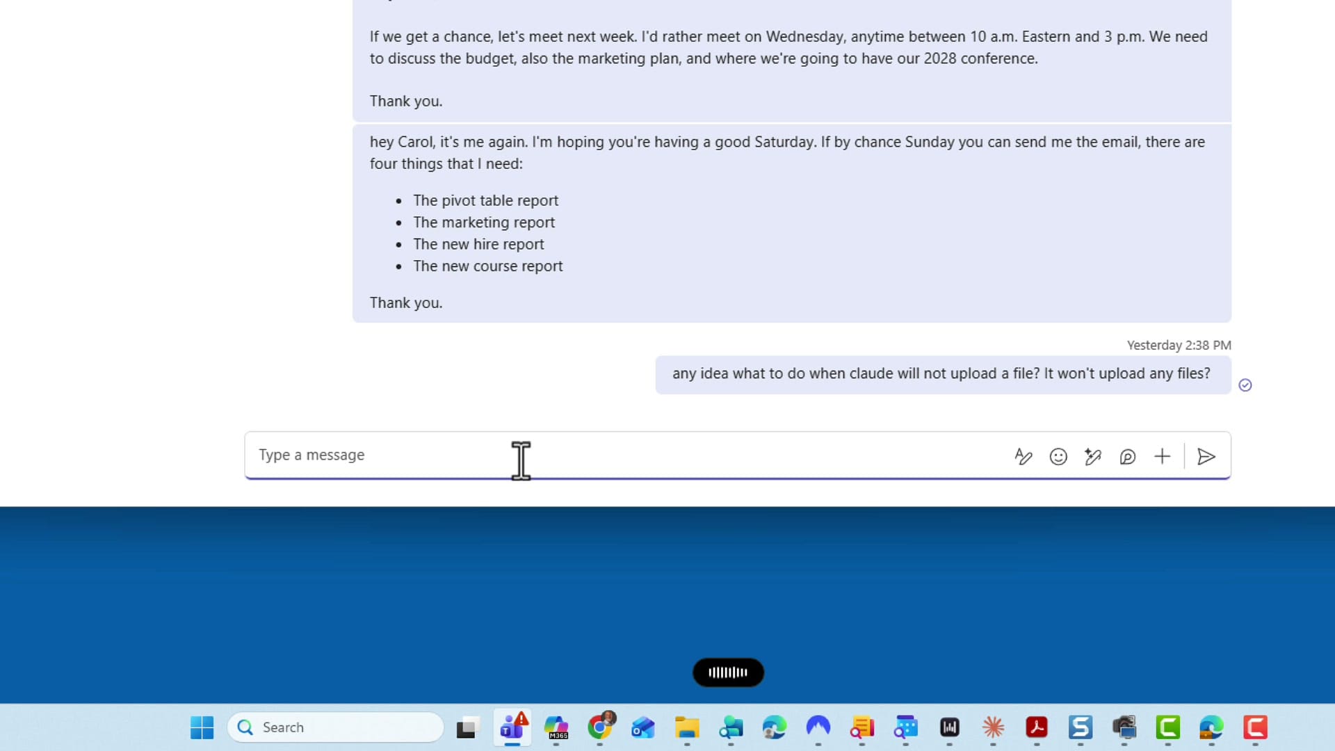 Wispr Flow recording bar visible at the bottom of the screen while dictating into a Teams chat