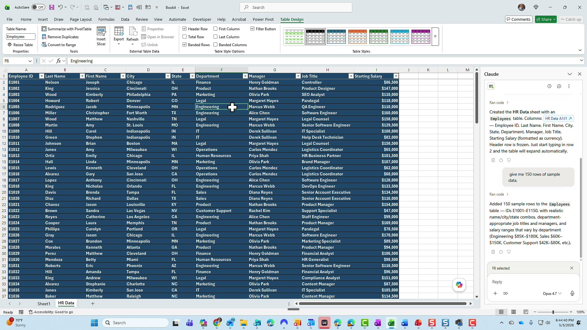 Excel HR table with 150 rows of generated sample data including department, manager, job title and starting salary