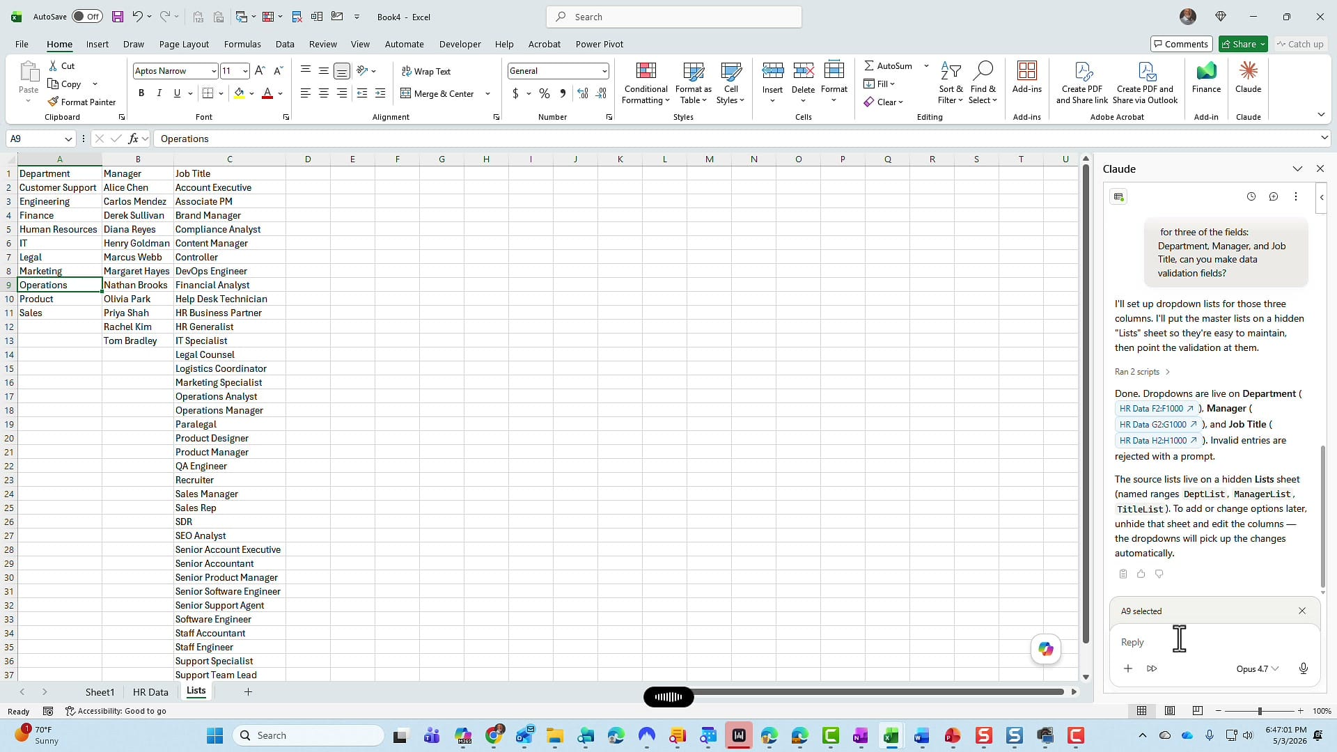 Excel Lists worksheet showing three columns of source data for department, manager, job title dropdowns