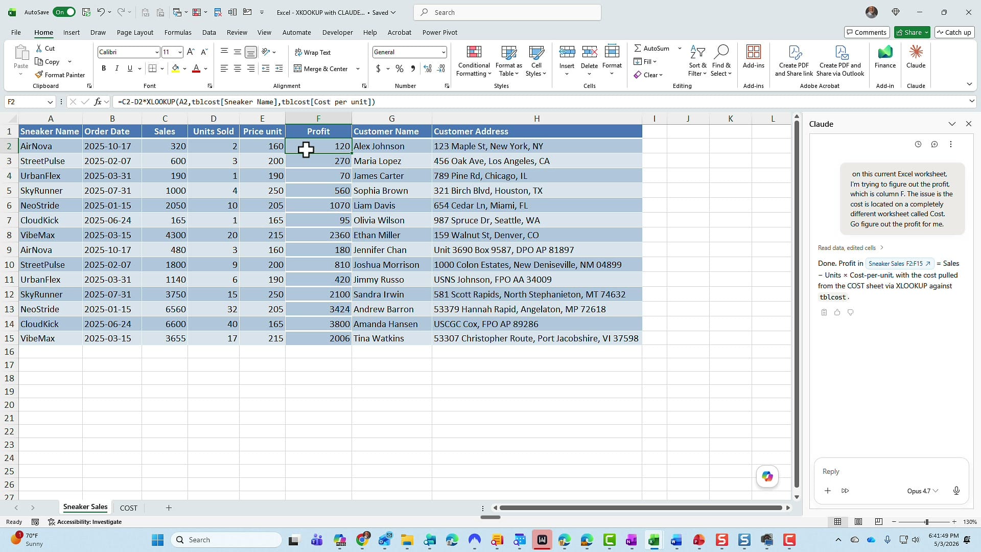 Excel formula bar showing XLOOKUP across sheets, profit column populated with correct values