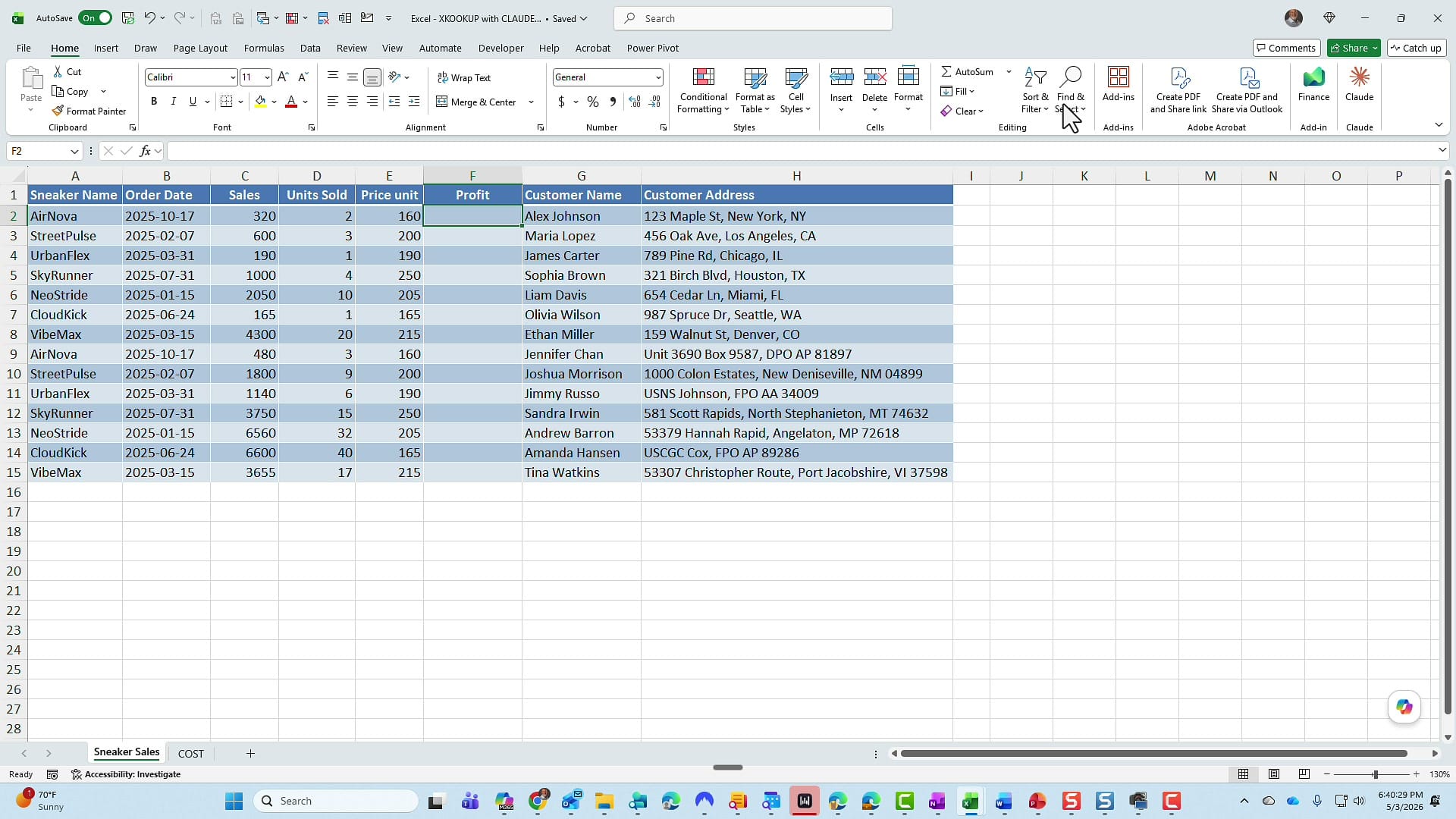 Excel sneaker sales table with empty Profit column F