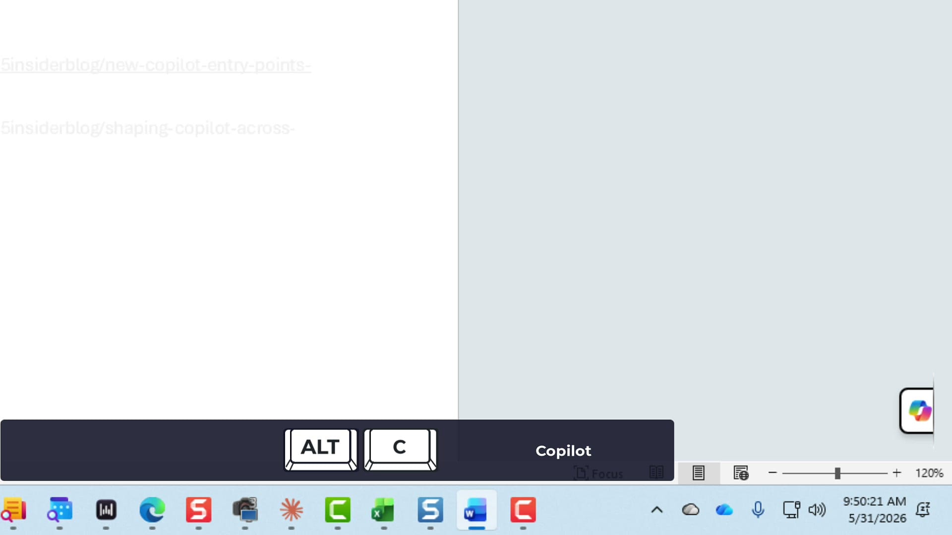 Alt plus C keyboard shortcut overlay activating the docked Copilot button