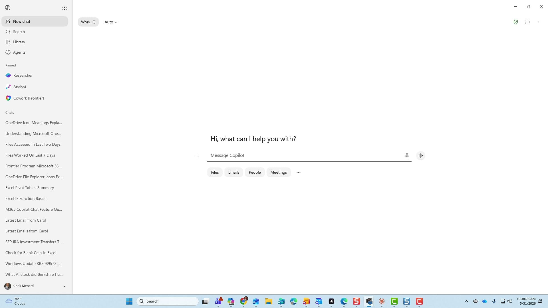 The redesigned Microsoft 365 Copilot Chat interface with the Work IQ button top-left and content source pills below the prompt box