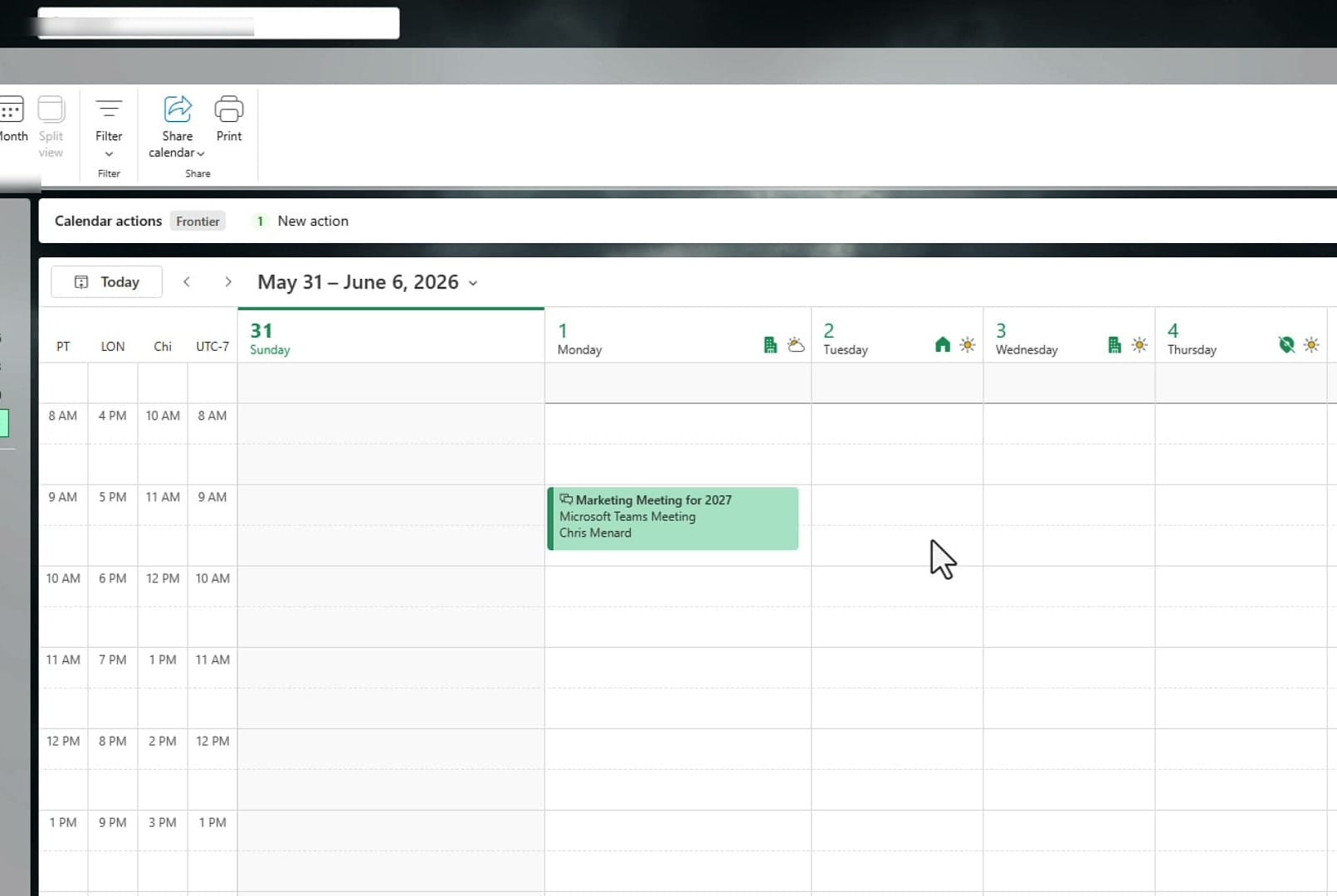 Outlook calendar view showing the Marketing Meeting moved to Tuesday afternoon at 1 PM after a conflicting event appeared on Monday morning