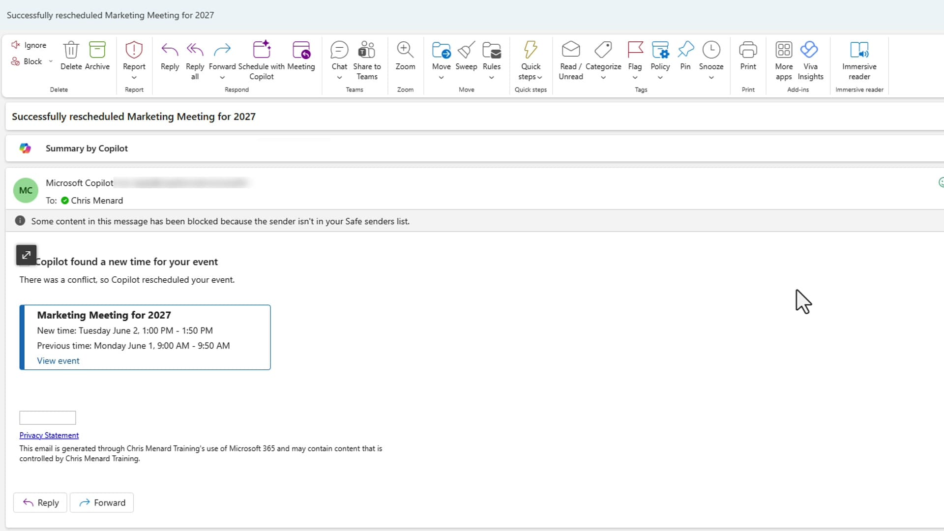Email from Microsoft Copilot with subject 'Successfully rescheduled Marketing Meeting for 2027' showing new time Tuesday June 2 1:00 PM and previous time Monday June 1 9:00 AM