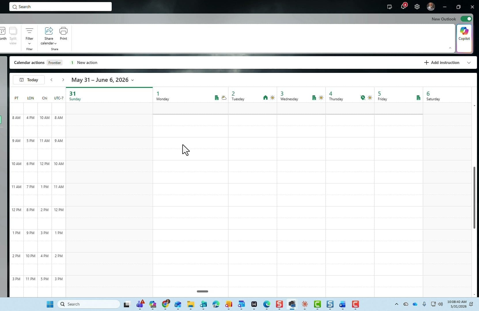 The new Outlook calendar view showing the week of May 31 through June 6